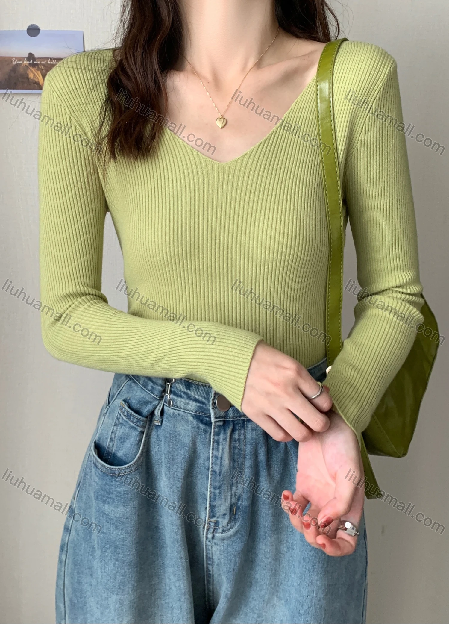 Wholesale Women's Casual Plain V Neck Long Sleeve Ribbed Knit Sweater Tops 8003# - Liuhuamall