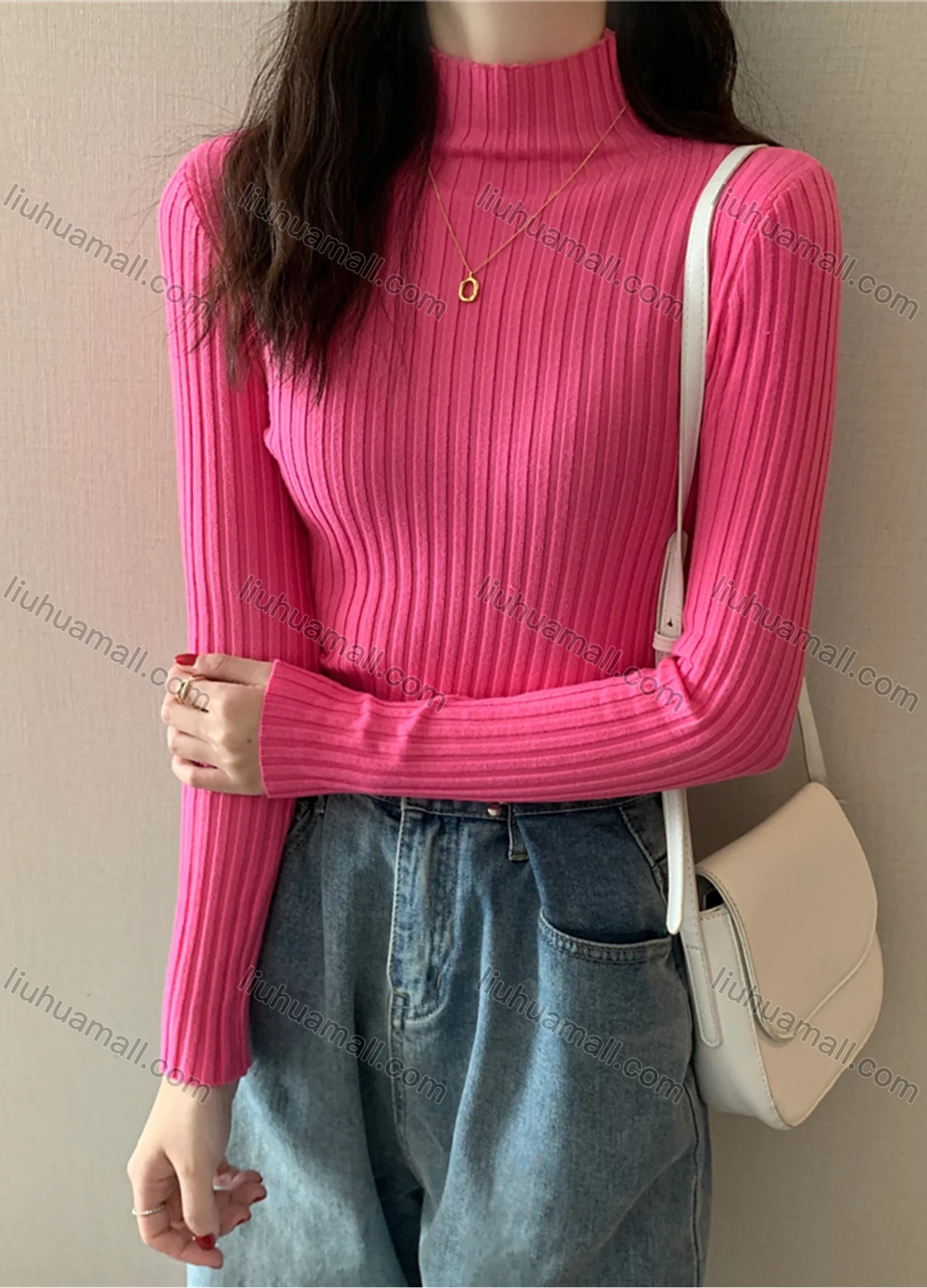 Wholesale Women's Casual Plain High Neck Long Sleeve Ribbed Knit Sweater Tops 8004# - Liuhuamall
