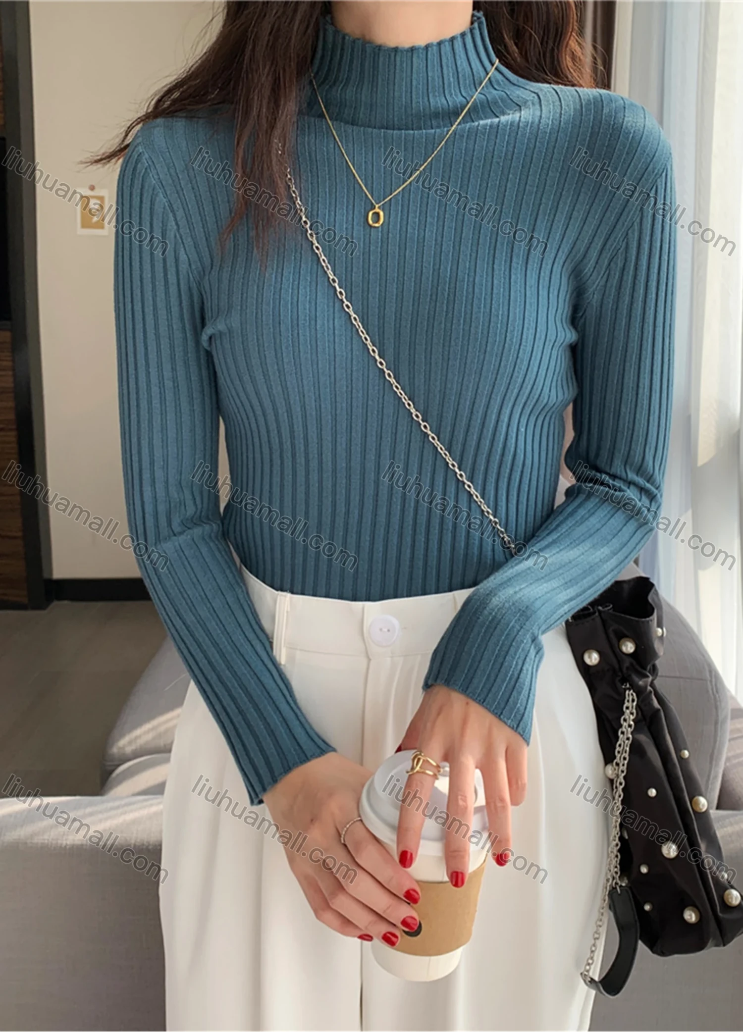 Wholesale Women's Casual Plain High Neck Long Sleeve Ribbed Knit Sweater Tops 8004# - Liuhuamall