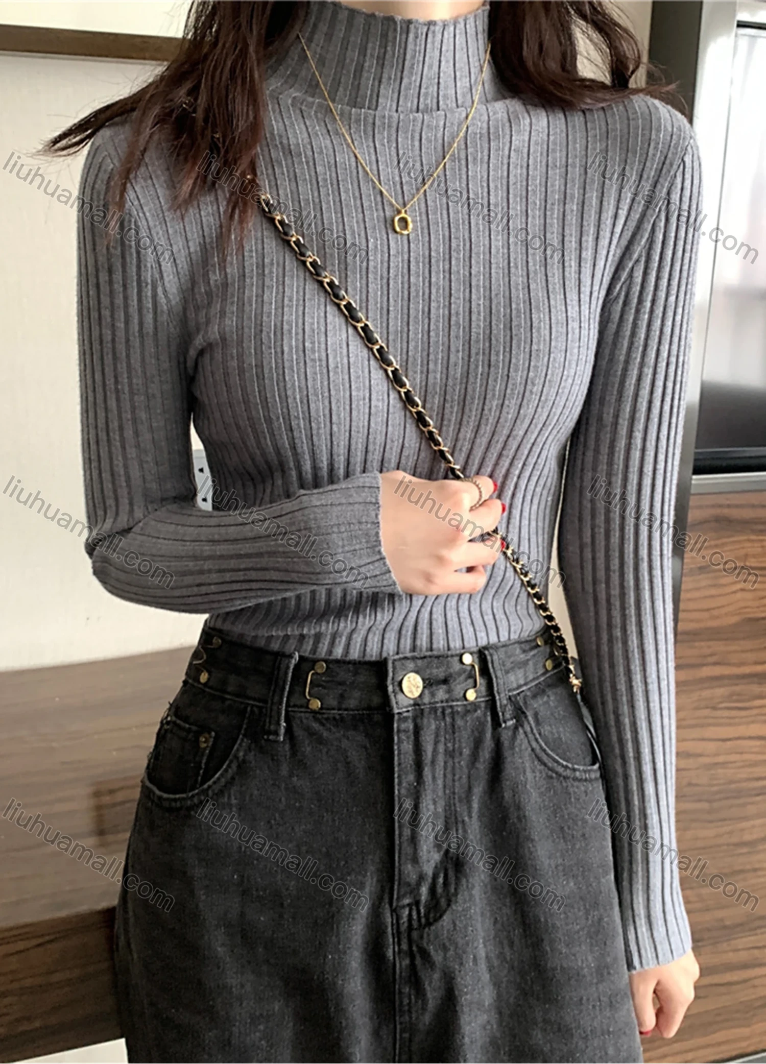 Wholesale Women's Casual Plain High Neck Long Sleeve Ribbed Knit Sweater Tops 8004# - Liuhuamall