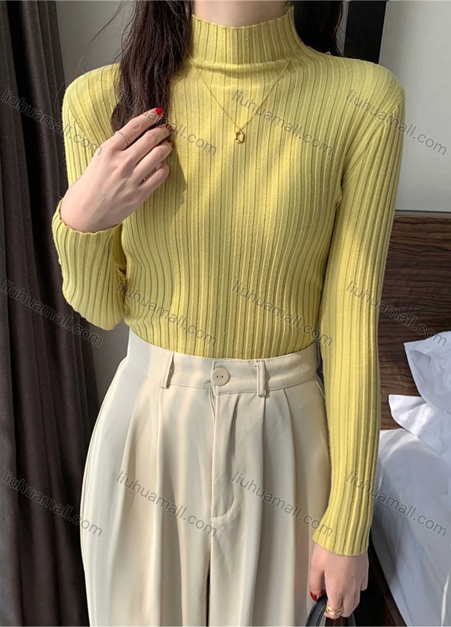 Wholesale Women's Casual Plain High Neck Long Sleeve Ribbed Knit Sweater Tops 8004# - Liuhuamall