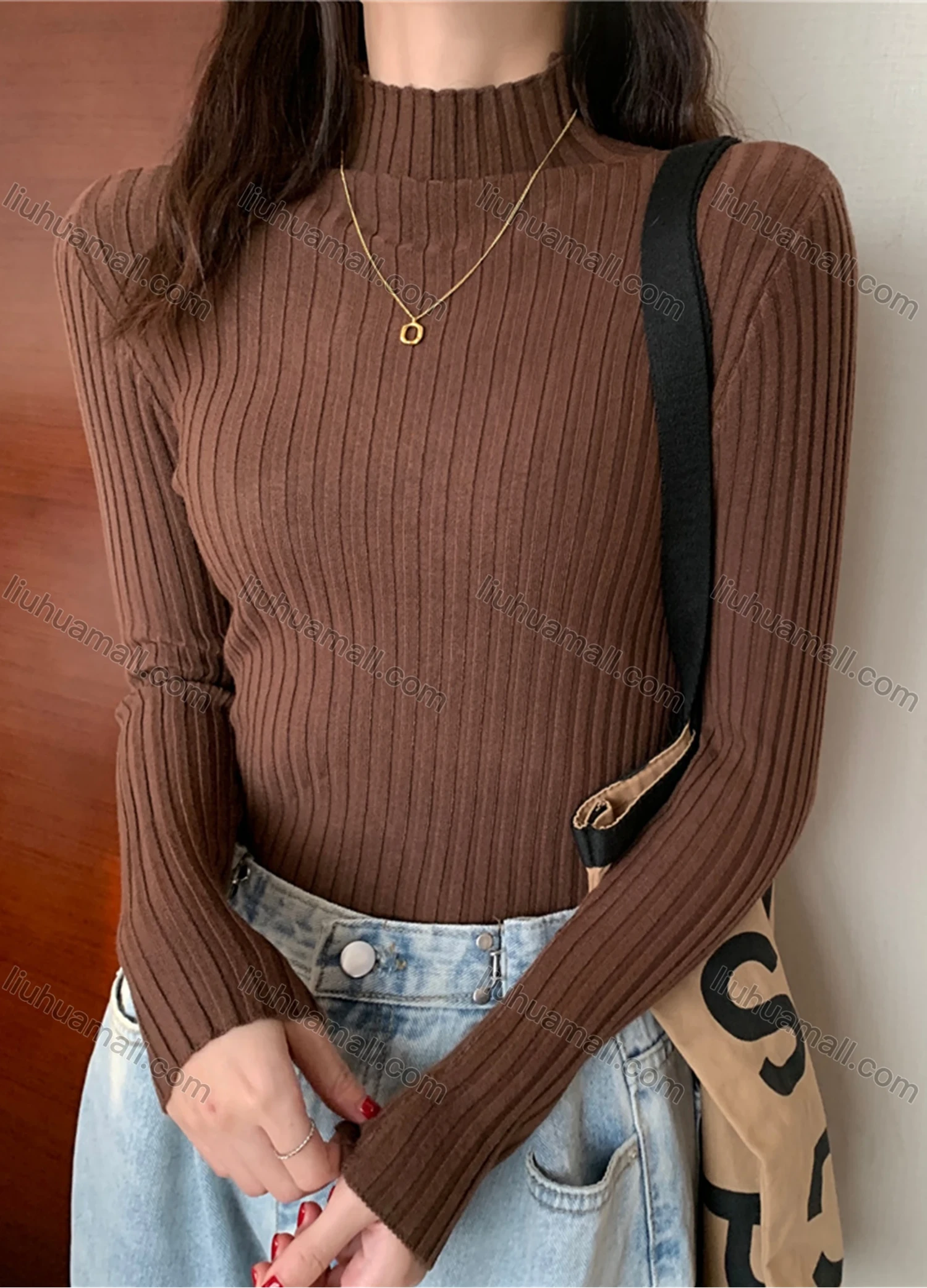 Wholesale Women's Casual Plain High Neck Long Sleeve Ribbed Knit Sweater Tops 8004# - Liuhuamall