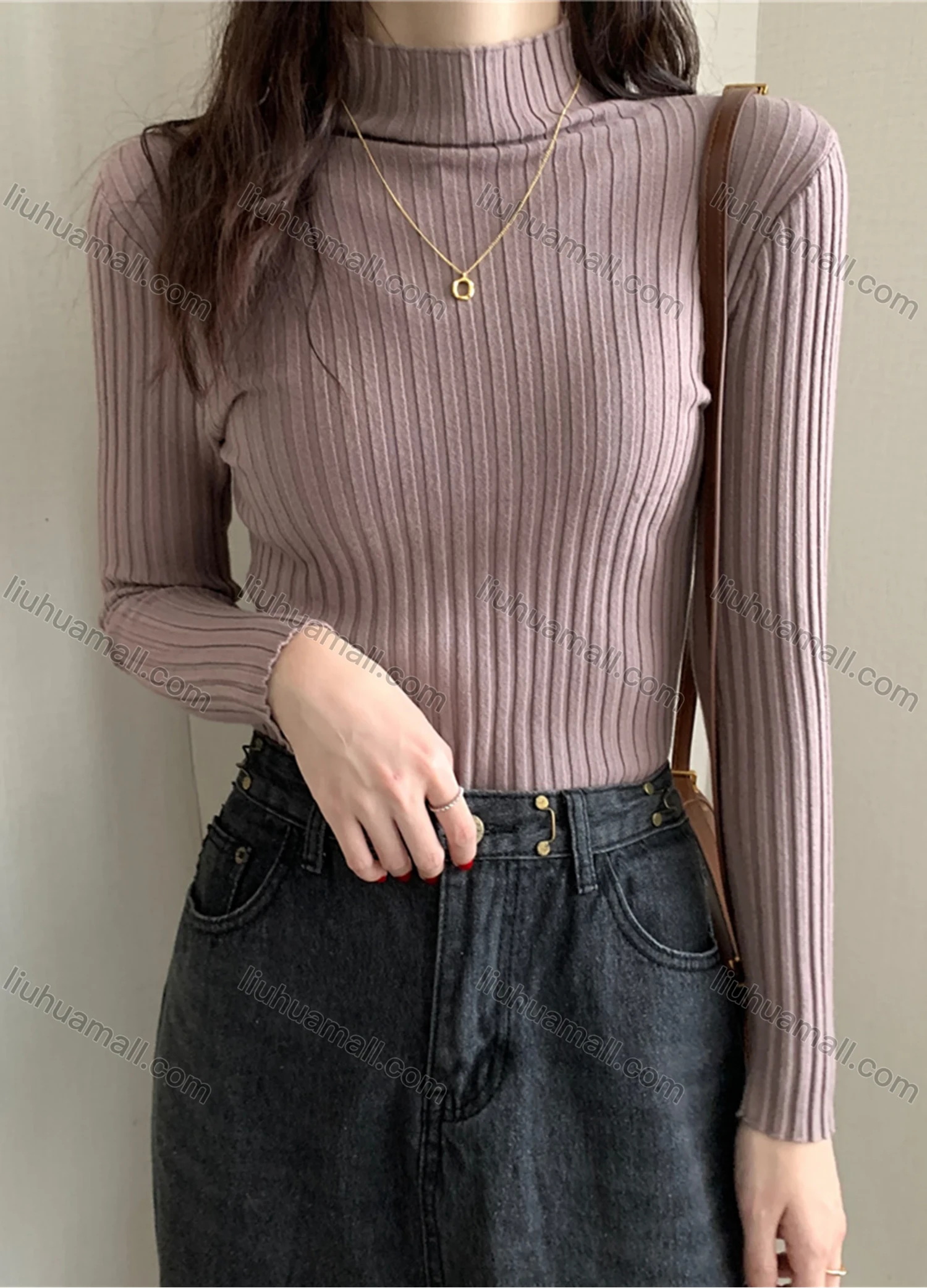 Wholesale Women's Casual Plain High Neck Long Sleeve Ribbed Knit Sweater Tops 8004# - Liuhuamall