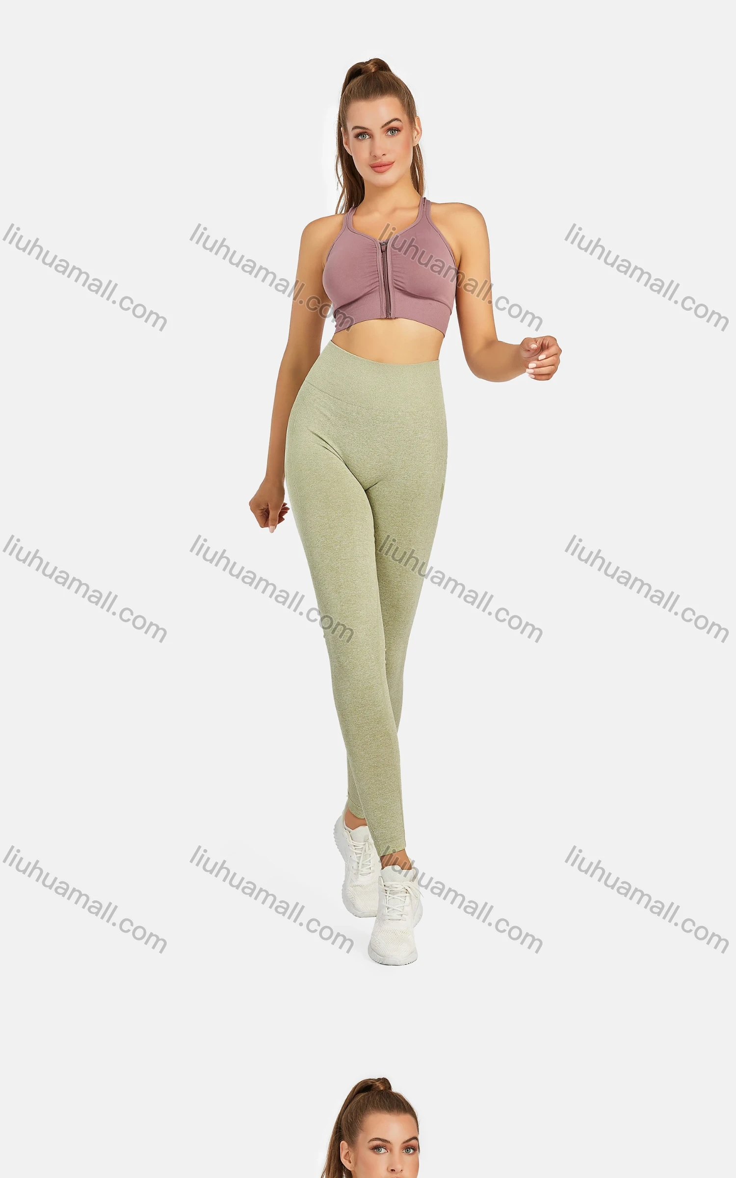 Wholesale Women's Athletic Plain Breathable Stretchy Zip Sporty Bra 2-piece Set - Liuhuamall