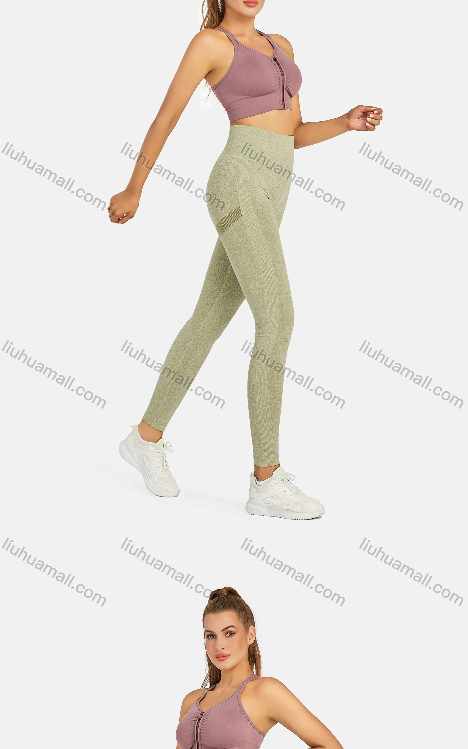Wholesale Women's Athletic Plain Breathable Stretchy Zip Sporty Bra 2-piece Set - Liuhuamall