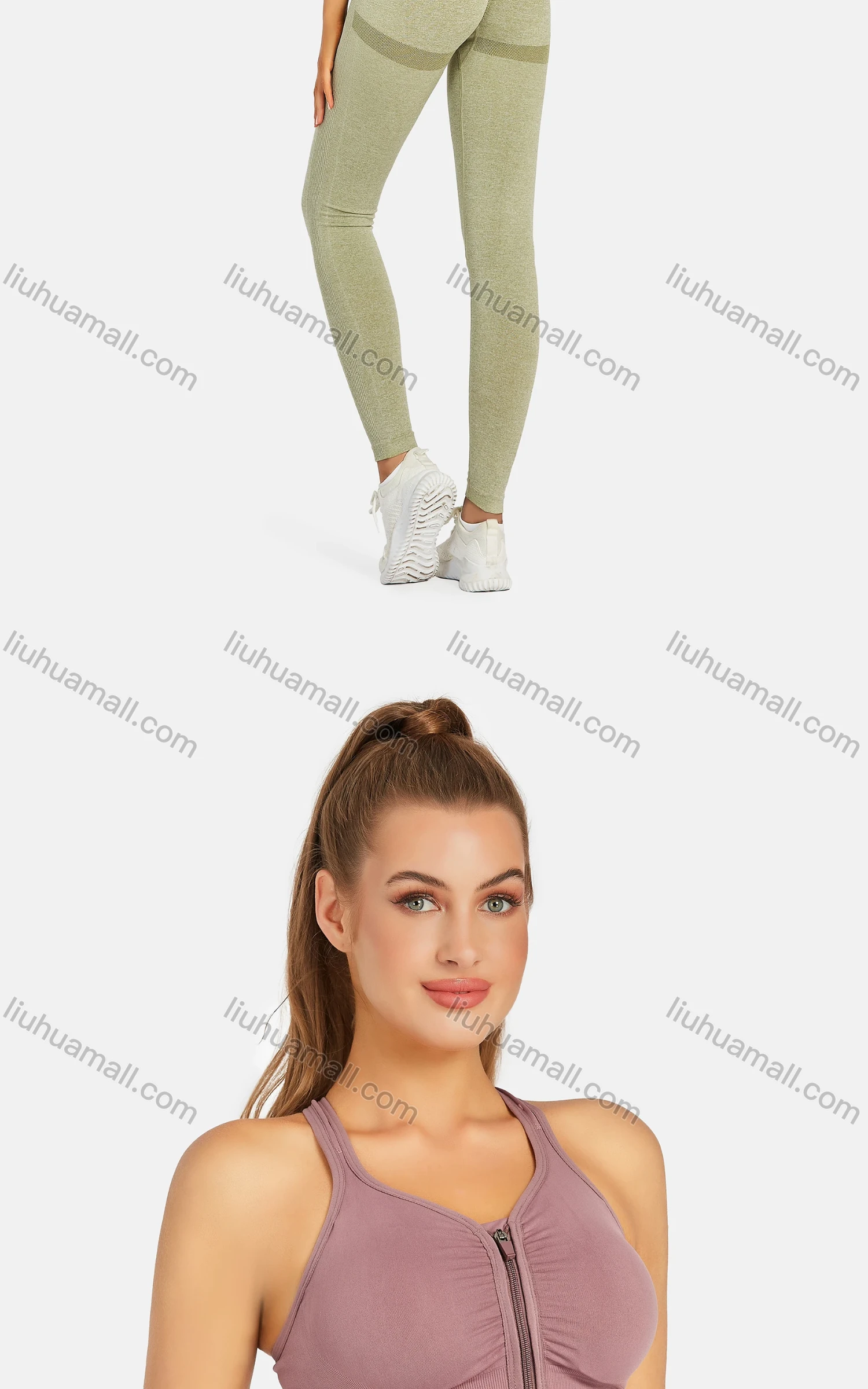 Wholesale Women's Athletic Plain Breathable Stretchy Zip Sporty Bra 2-piece Set - Liuhuamall