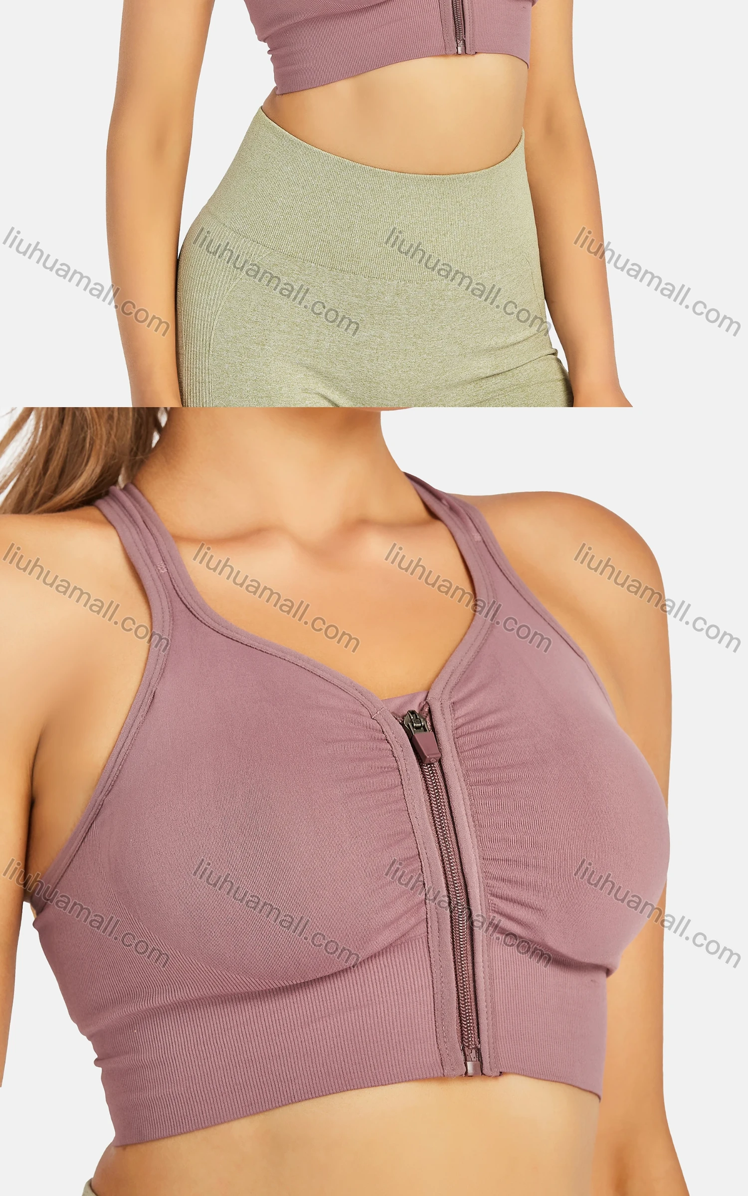 Wholesale Women's Athletic Plain Breathable Stretchy Zip Sporty Bra 2-piece Set - Liuhuamall