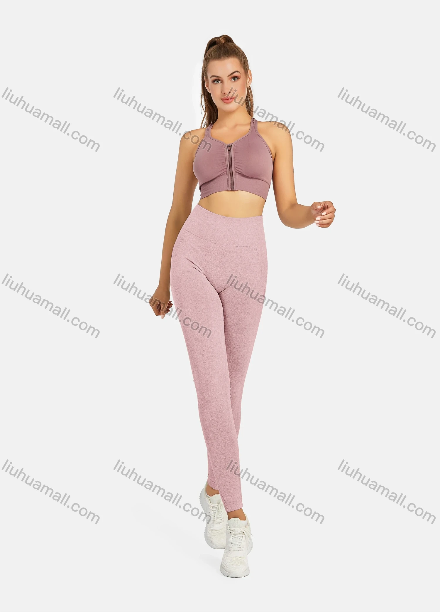 Wholesale Women's Athletic Plain Breathable Stretchy Zip Sporty Bra 2-piece Set - Liuhuamall