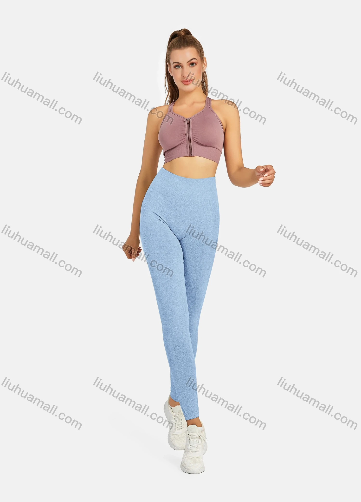Wholesale Women's Athletic Plain Breathable Stretchy Zip Sporty Bra 2-piece Set - Liuhuamall