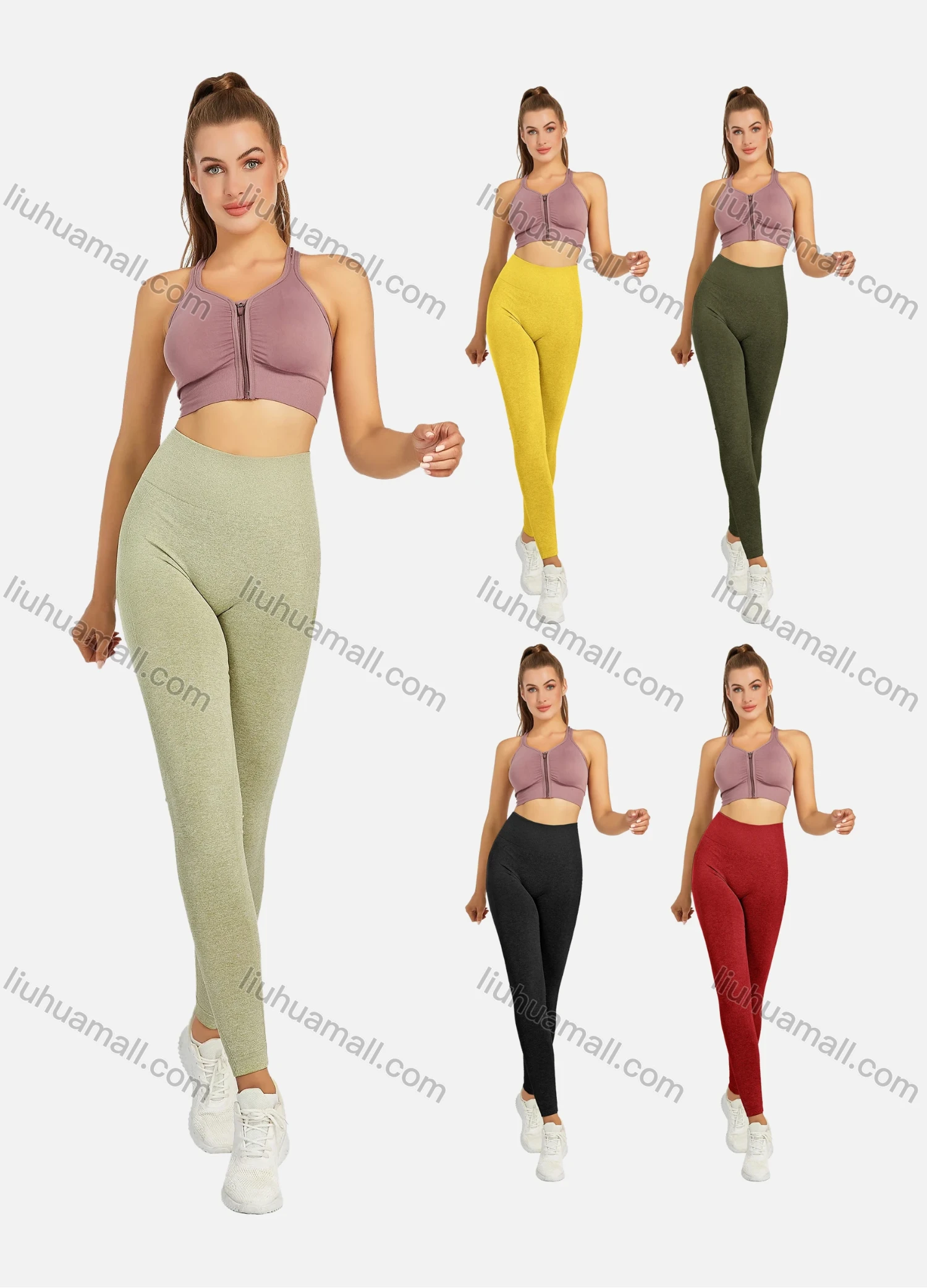 Wholesale Women's Athletic Plain Breathable Stretchy Zip Sporty Bra 2-piece Set - Liuhuamall