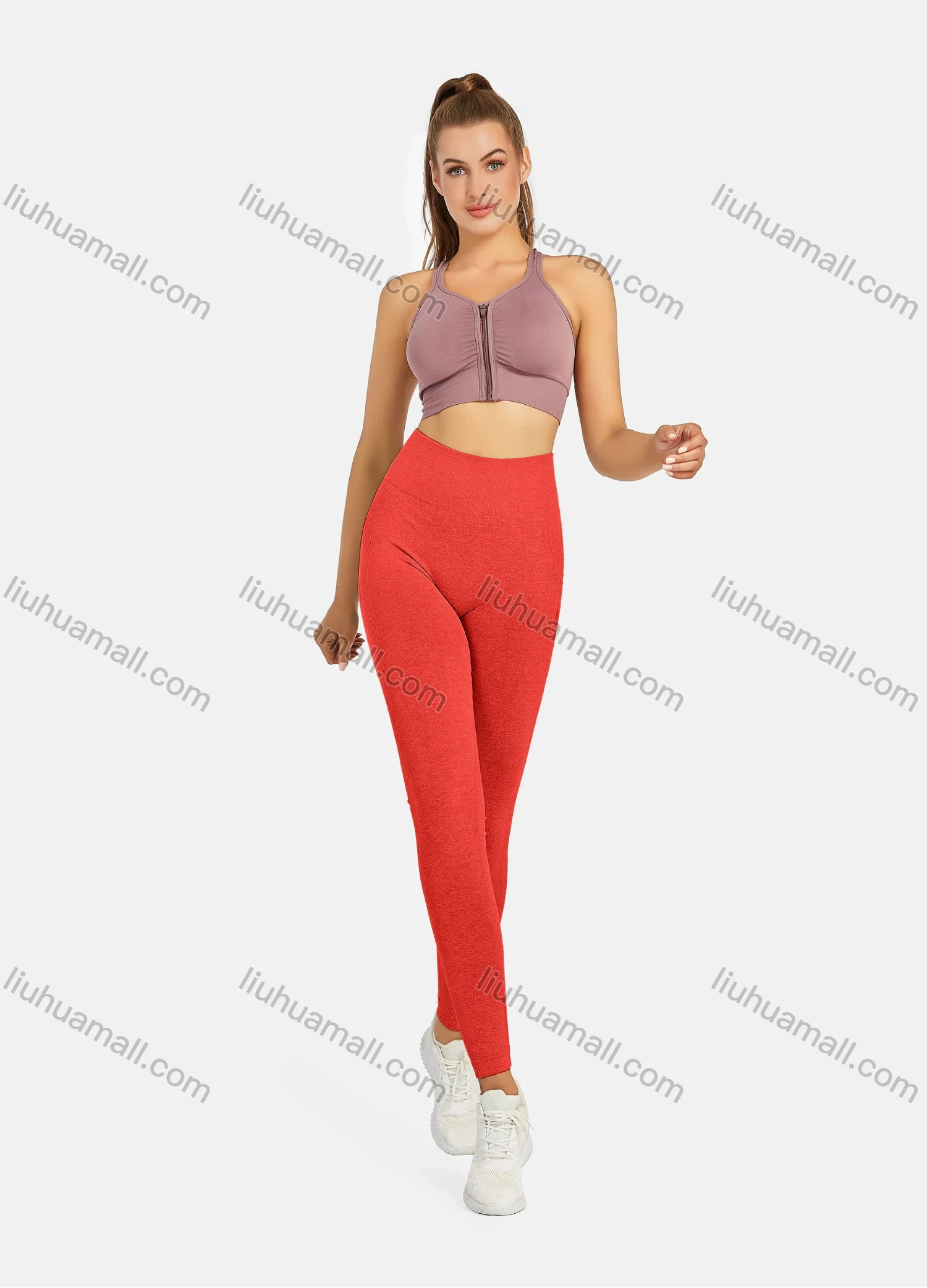Wholesale Women's Athletic Plain Breathable Stretchy Zip Sporty Bra 2-piece Set - Liuhuamall