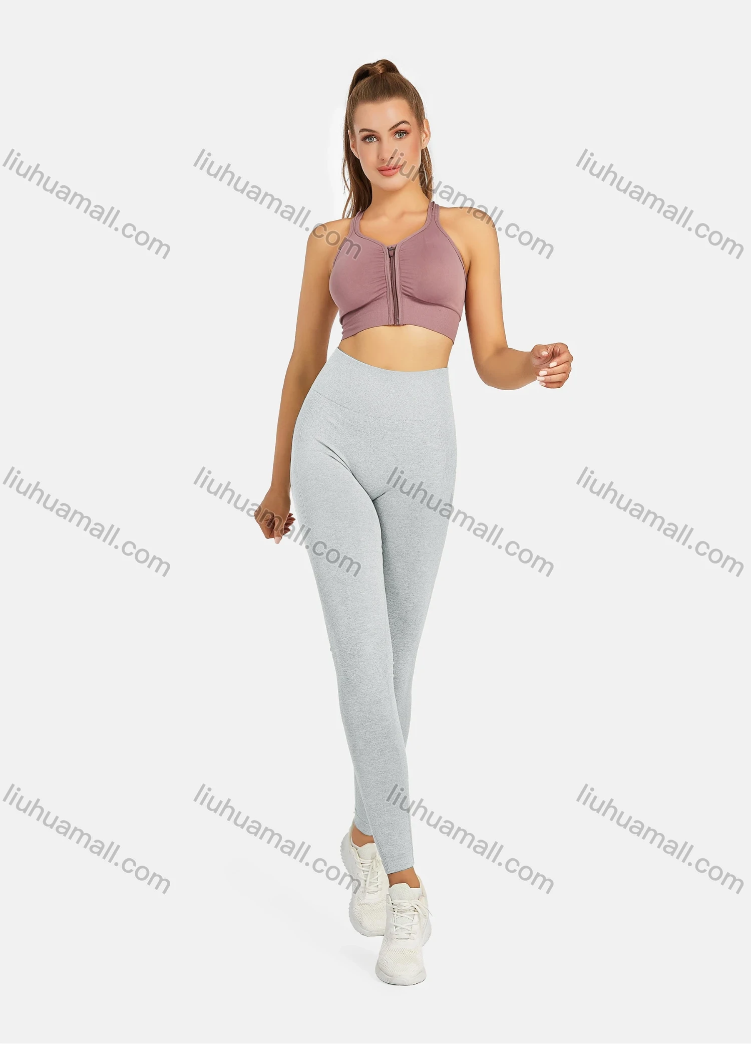 Wholesale Women's Athletic Plain Breathable Stretchy Zip Sporty Bra 2-piece Set - Liuhuamall