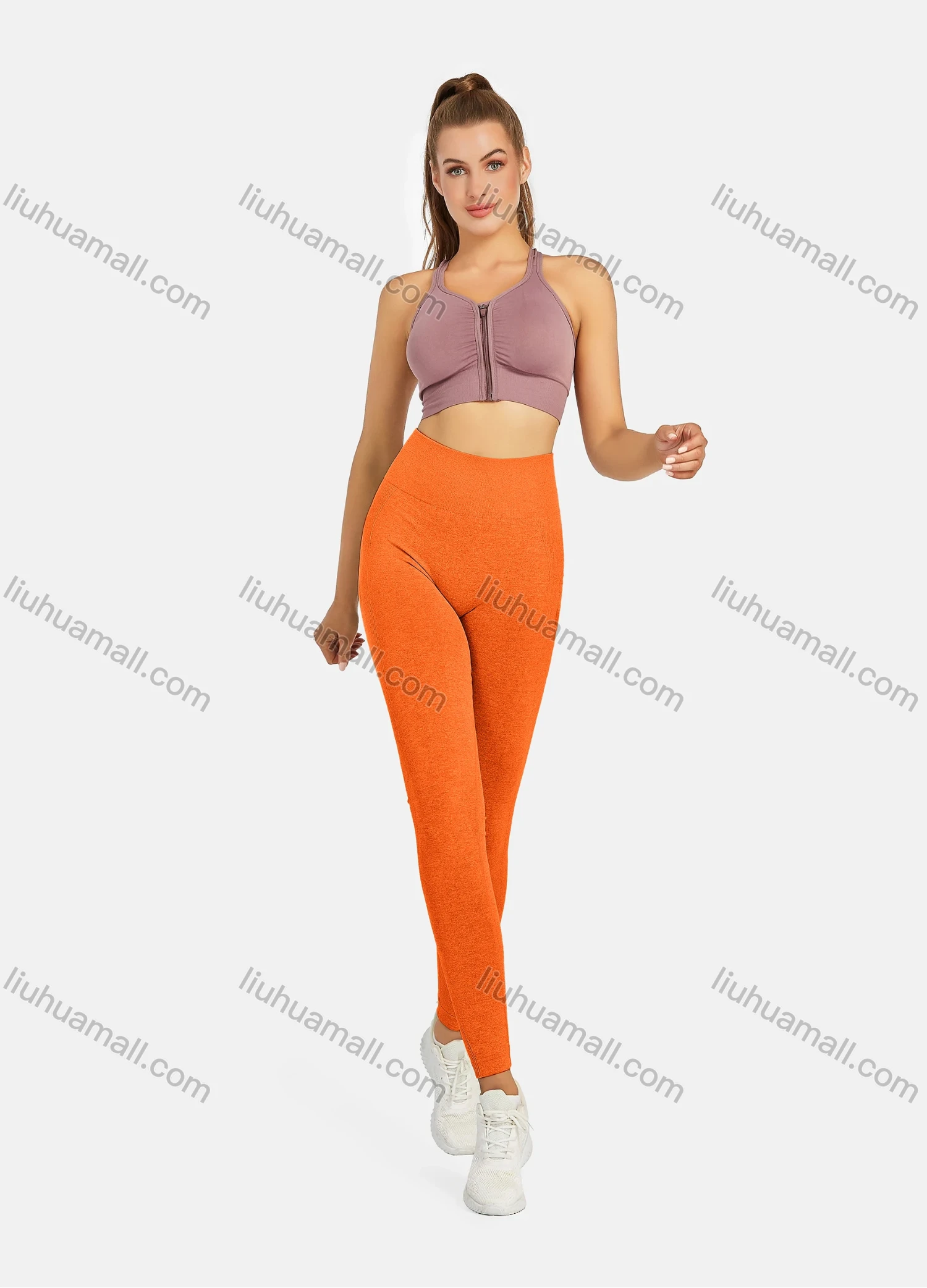 Wholesale Women's Athletic Plain Breathable Stretchy Zip Sporty Bra 2-piece Set - Liuhuamall