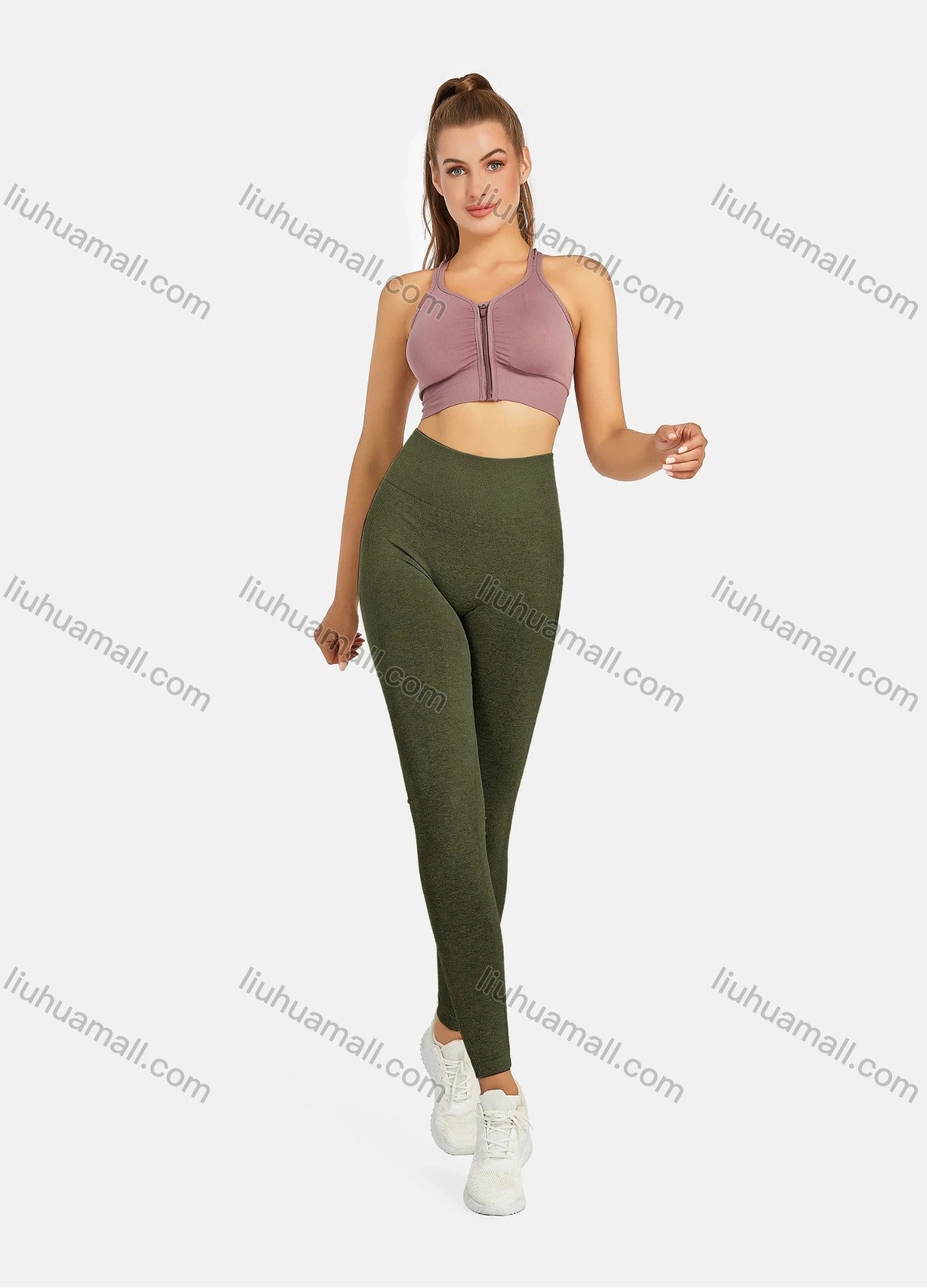 Wholesale Women's Athletic Plain Breathable Stretchy Zip Sporty Bra 2-piece Set - Liuhuamall
