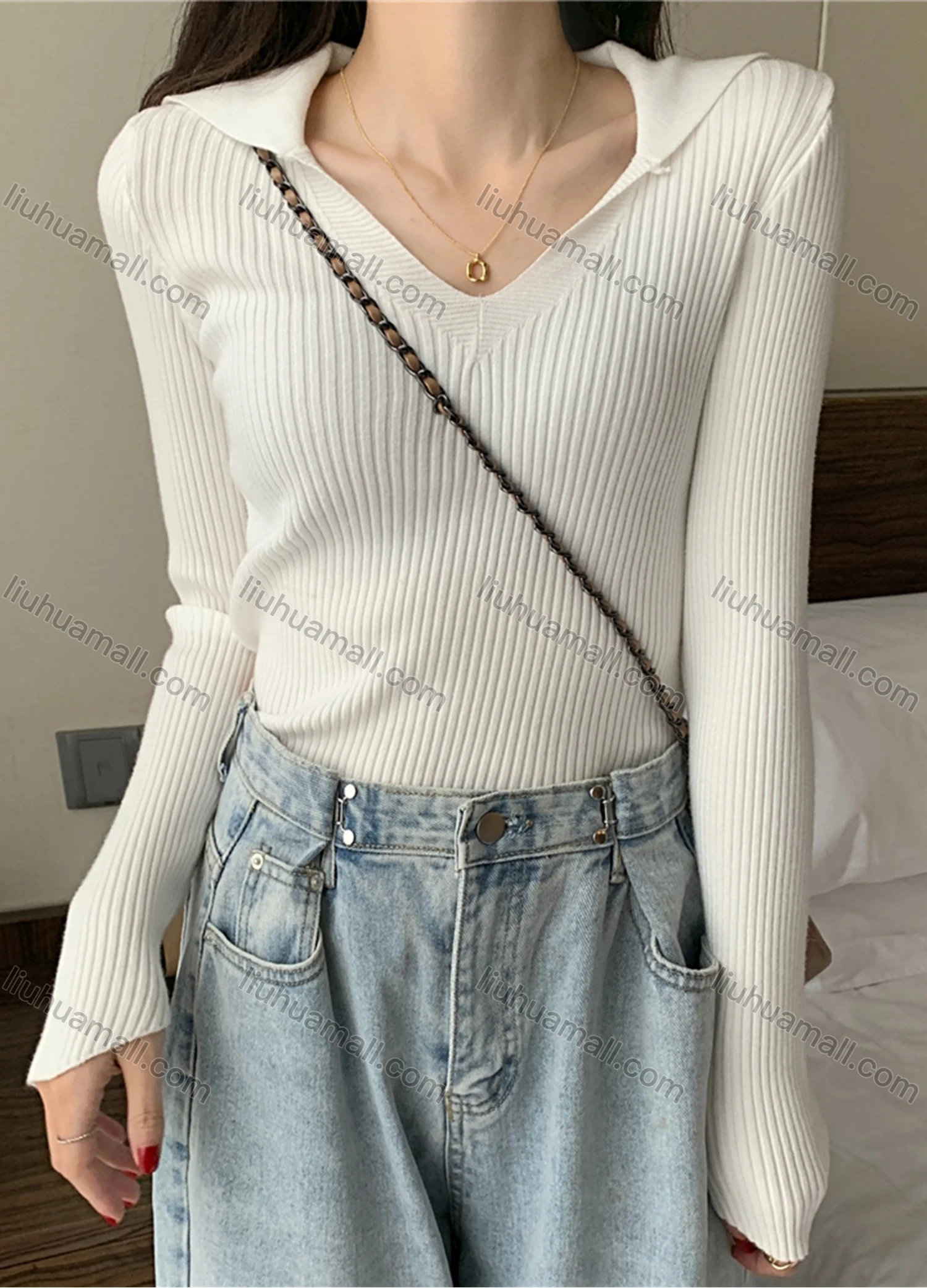 Wholesale Women's Casual Plain V Neck Long Sleeve Ribbed Knit Sweater Tops 8005# - Liuhuamall