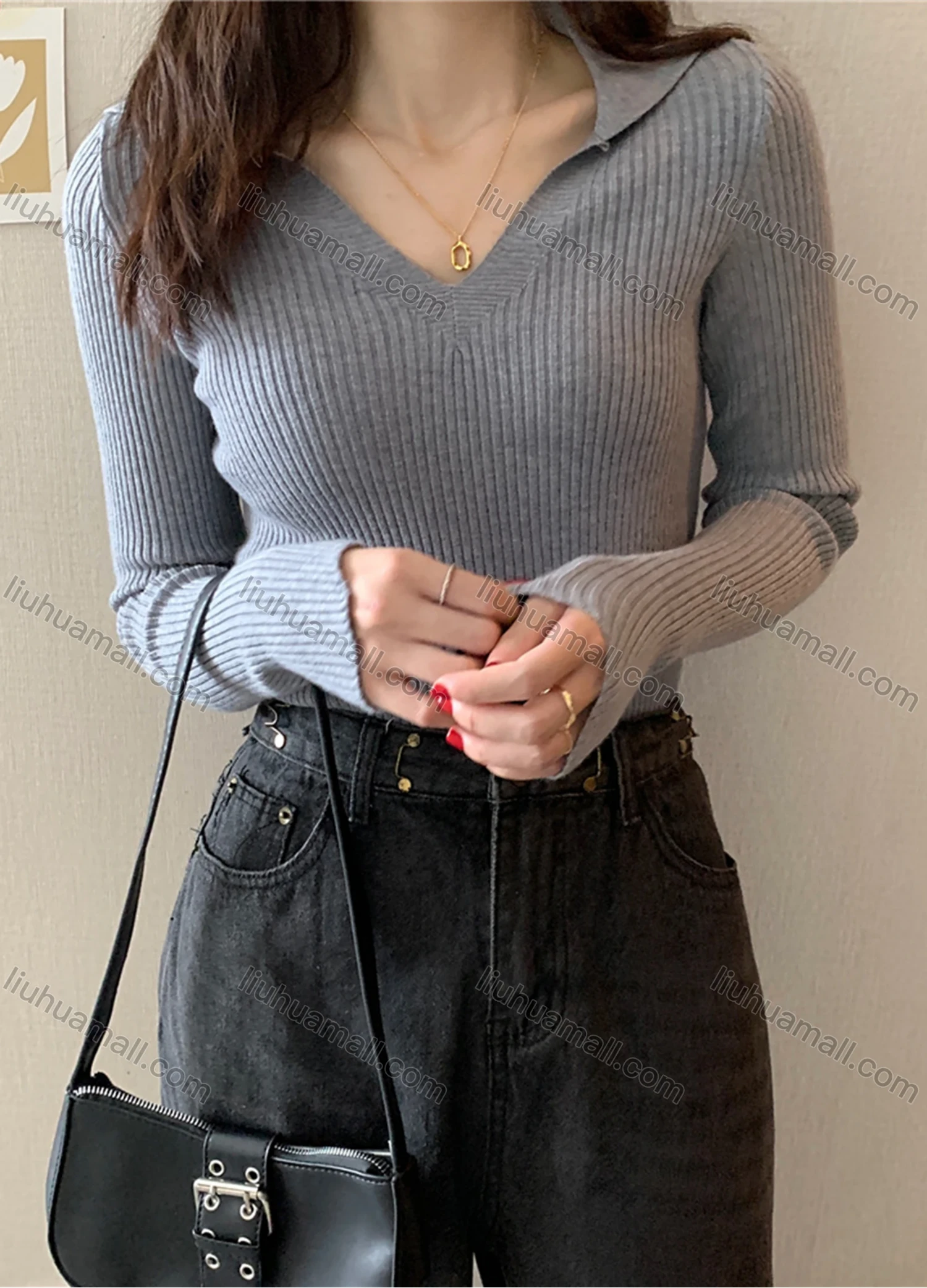 Wholesale Women's Casual Plain V Neck Long Sleeve Ribbed Knit Sweater Tops 8005# - Liuhuamall