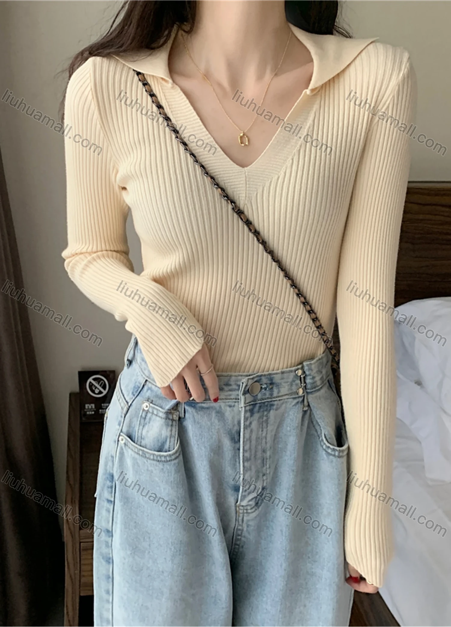 Wholesale Women's Casual Plain V Neck Long Sleeve Ribbed Knit Sweater Tops 8005# - Liuhuamall