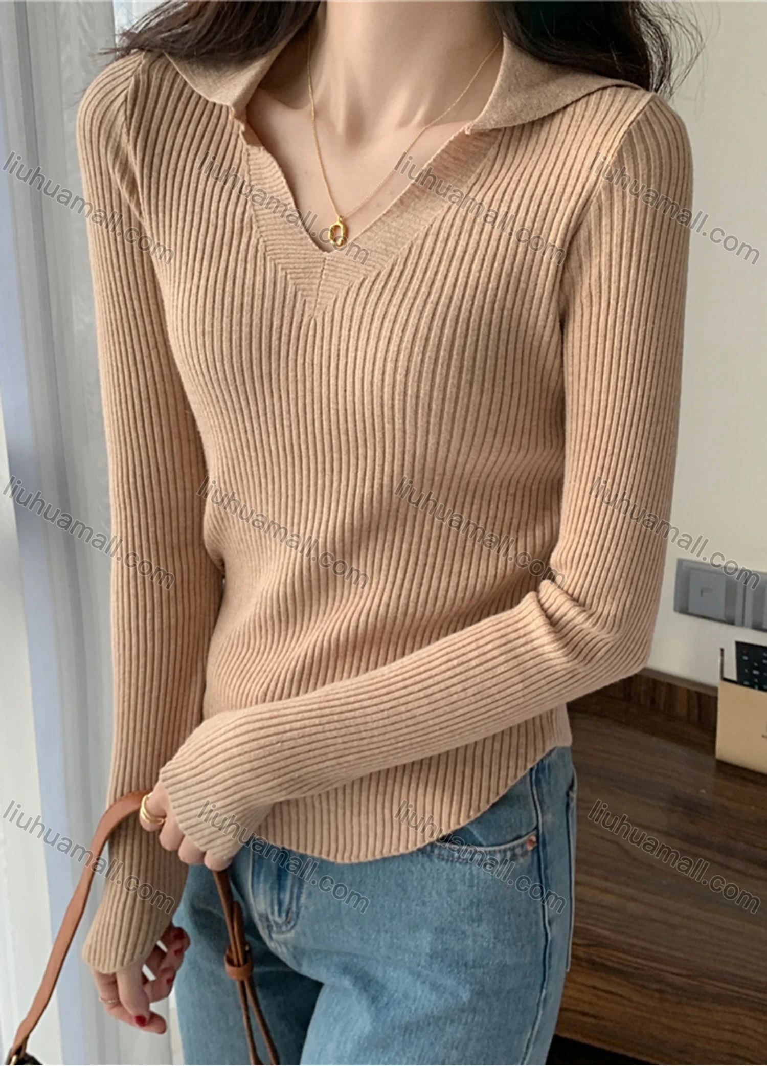 Wholesale Women's Casual Plain V Neck Long Sleeve Ribbed Knit Sweater Tops 8005# - Liuhuamall