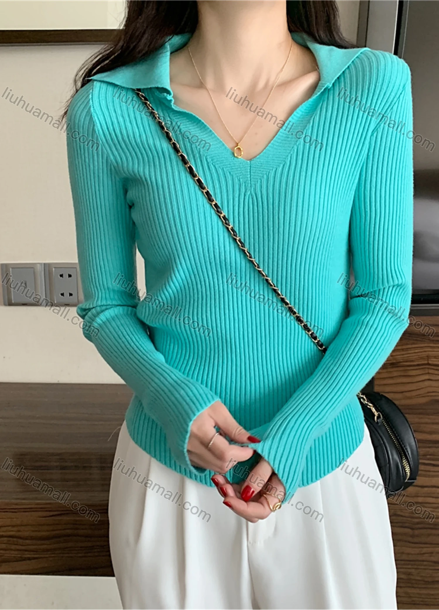 Wholesale Women's Casual Plain V Neck Long Sleeve Ribbed Knit Sweater Tops 8005# - Liuhuamall