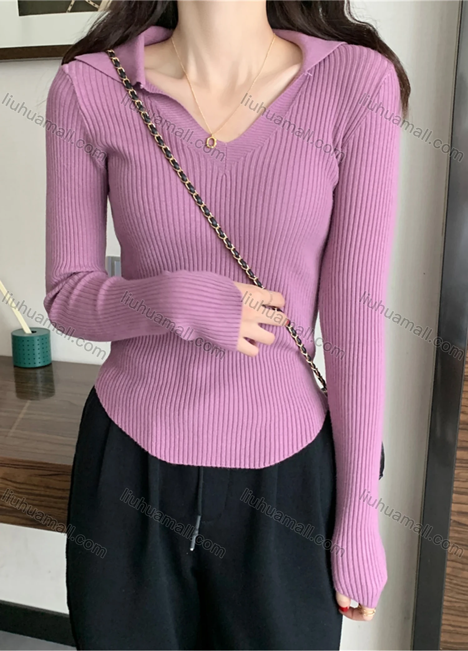 Wholesale Women's Casual Plain V Neck Long Sleeve Ribbed Knit Sweater Tops 8005# - Liuhuamall