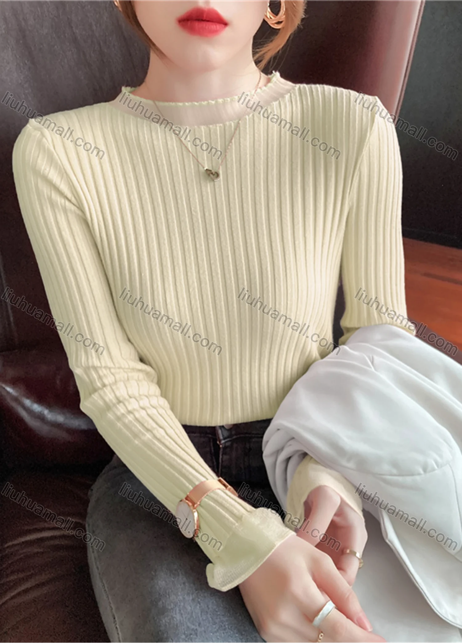 Wholesale Women's Casual Plain Round Neck Long Sleeve Ribbed Knit Sweater Tops 8008# - Liuhuamall