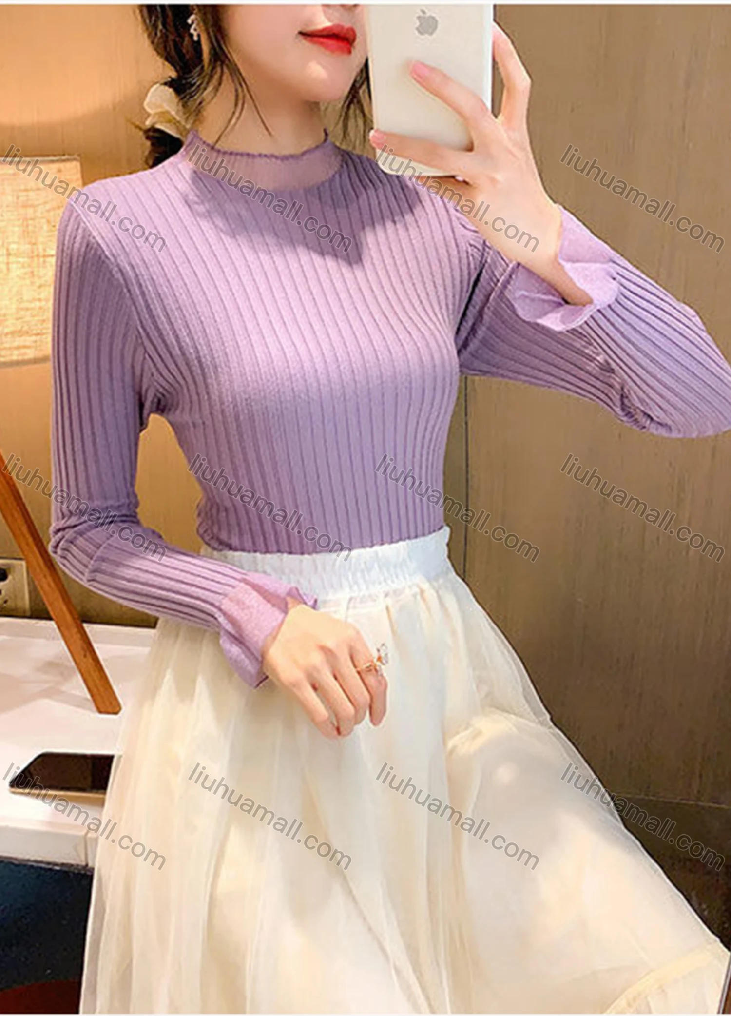 Wholesale Women's Casual Plain Round Neck Long Sleeve Ribbed Knit Sweater Tops 8008# - Liuhuamall