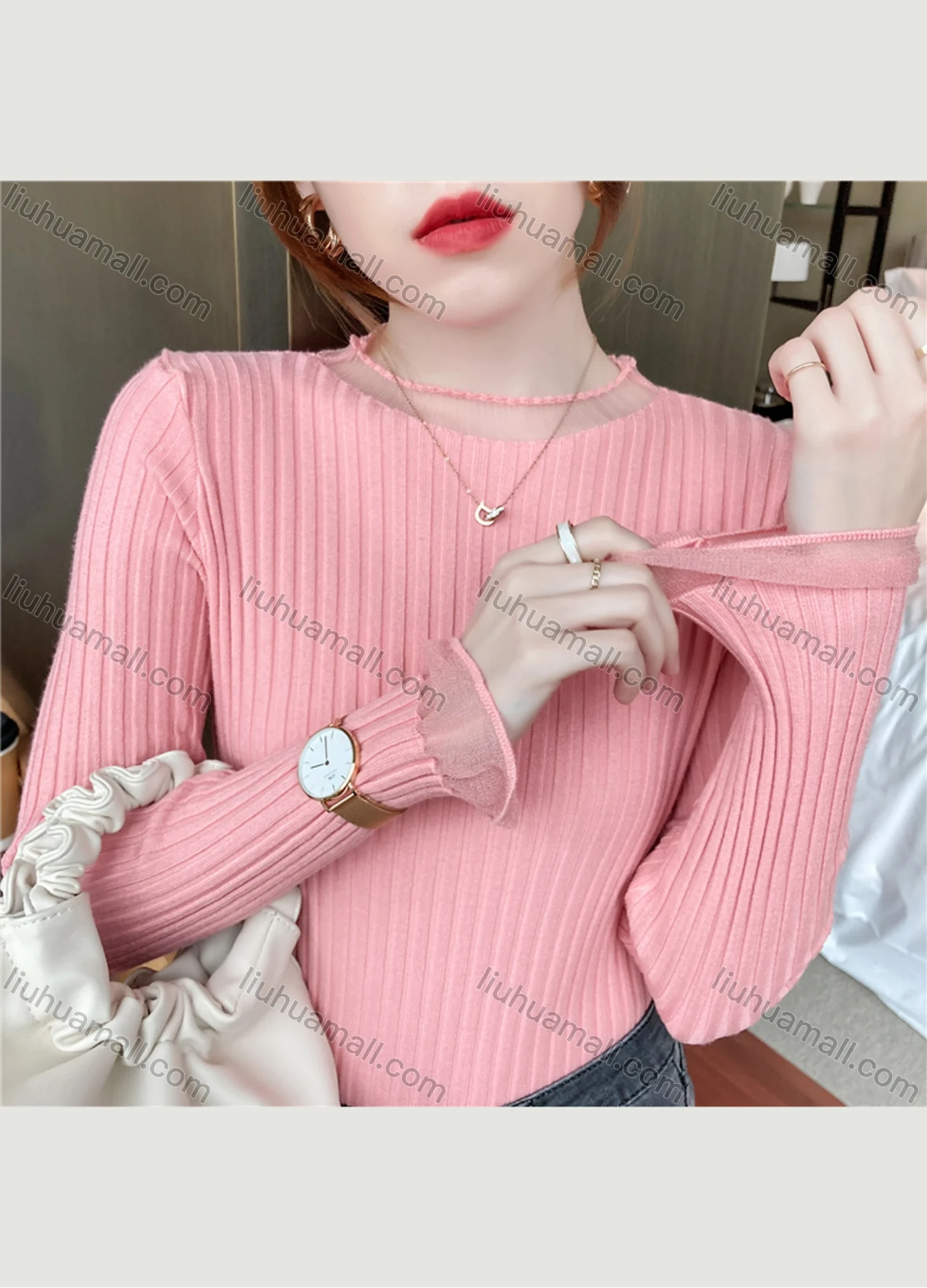 Wholesale Women's Casual Plain Round Neck Long Sleeve Ribbed Knit Sweater Tops 8008# - Liuhuamall