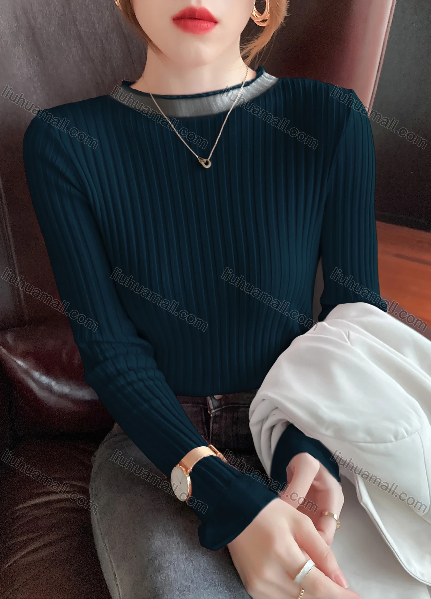 Wholesale Women's Casual Plain Round Neck Long Sleeve Ribbed Knit Sweater Tops 8008# - Liuhuamall