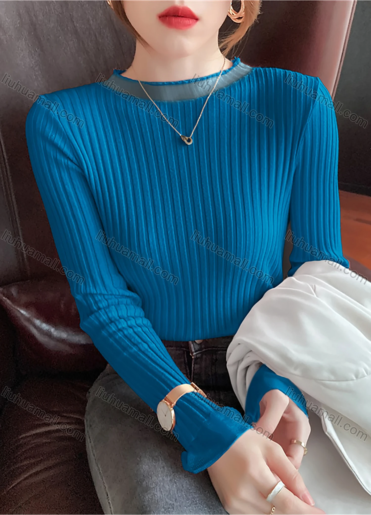 Wholesale Women's Casual Plain Round Neck Long Sleeve Ribbed Knit Sweater Tops 8008# - Liuhuamall