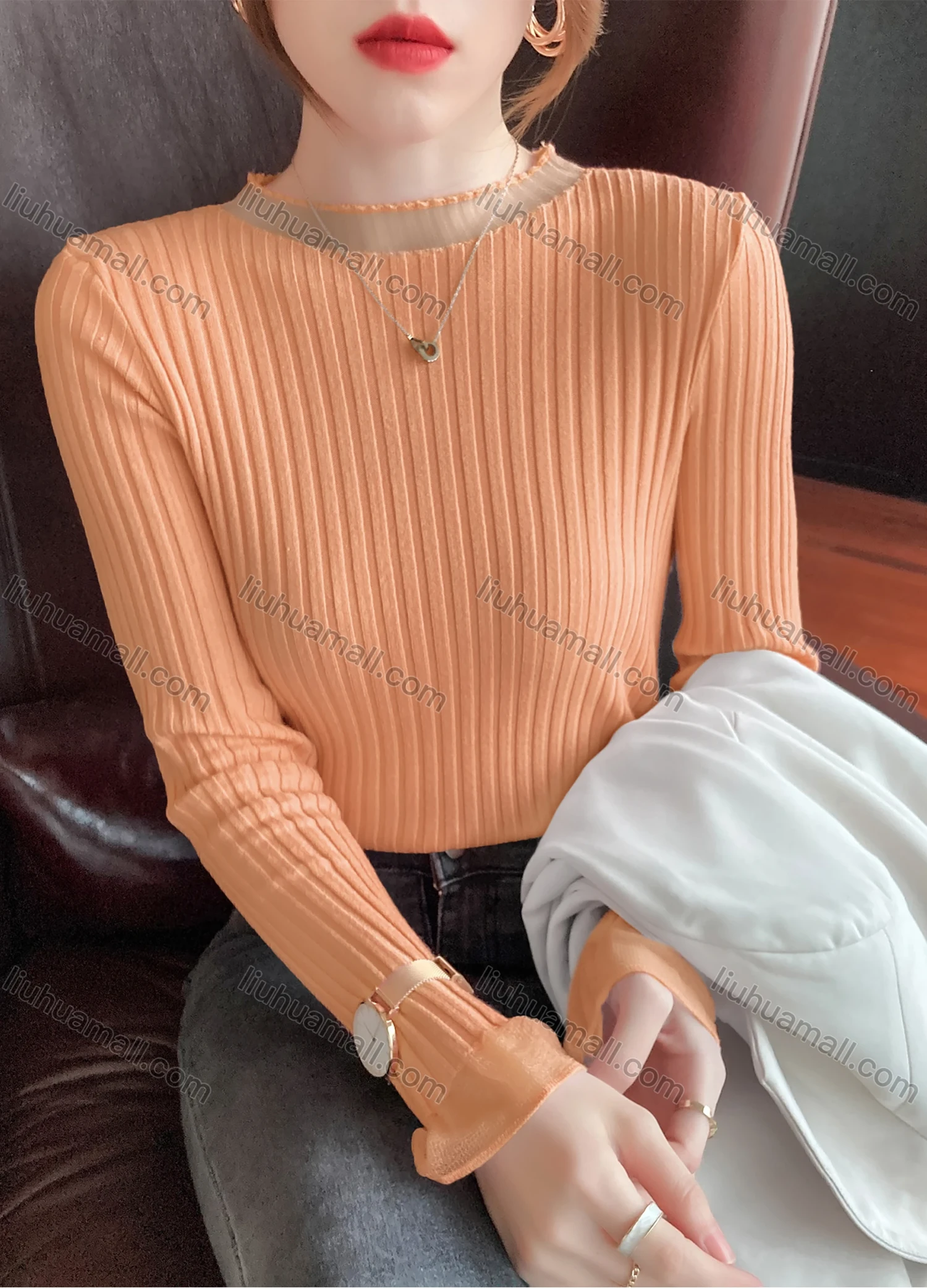 Wholesale Women's Casual Plain Round Neck Long Sleeve Ribbed Knit Sweater Tops 8008# - Liuhuamall