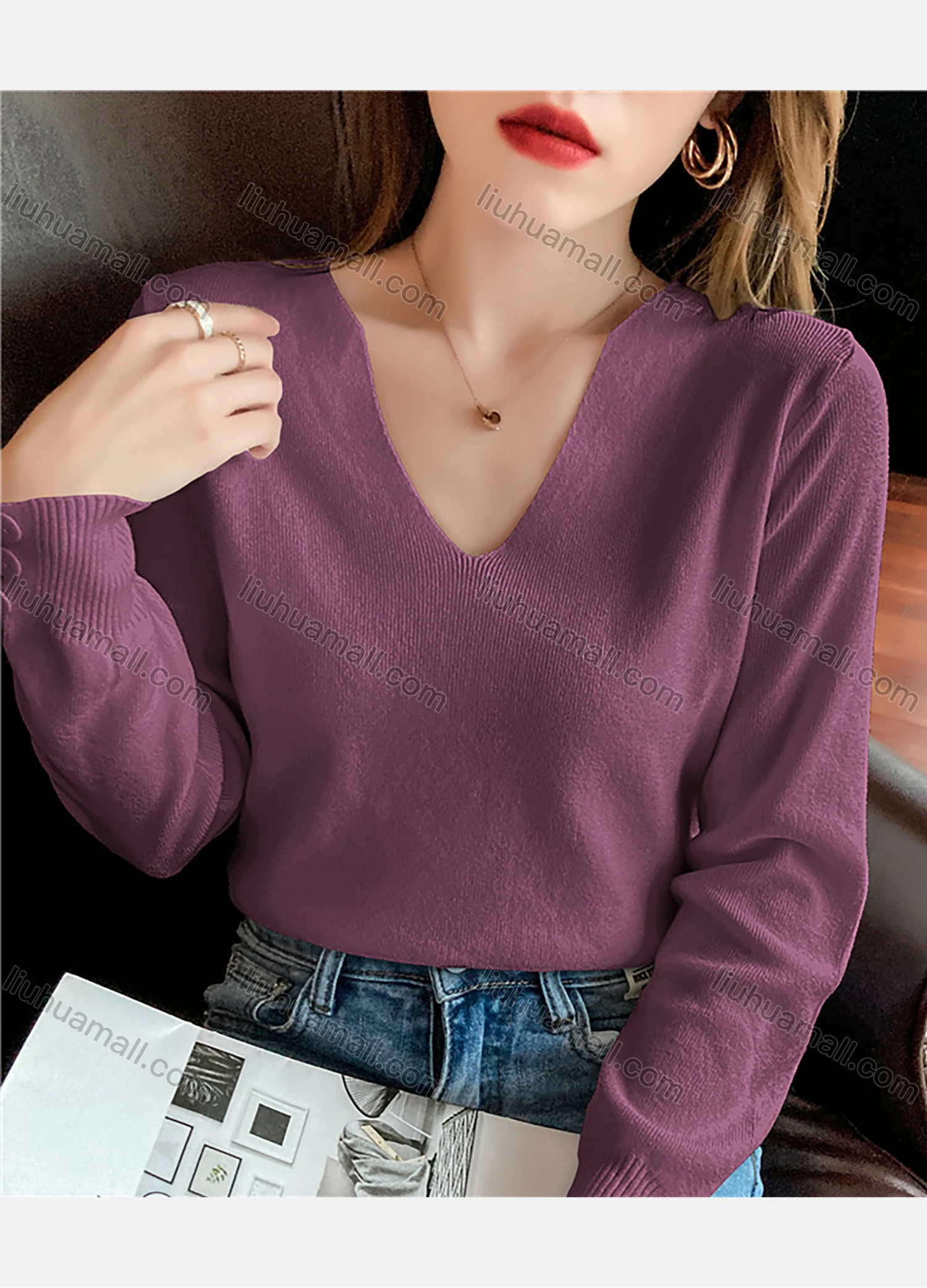 Wholesale Women's Casual Plain V Neck Long Sleeve Sweater Tops 8010# - Liuhuamall