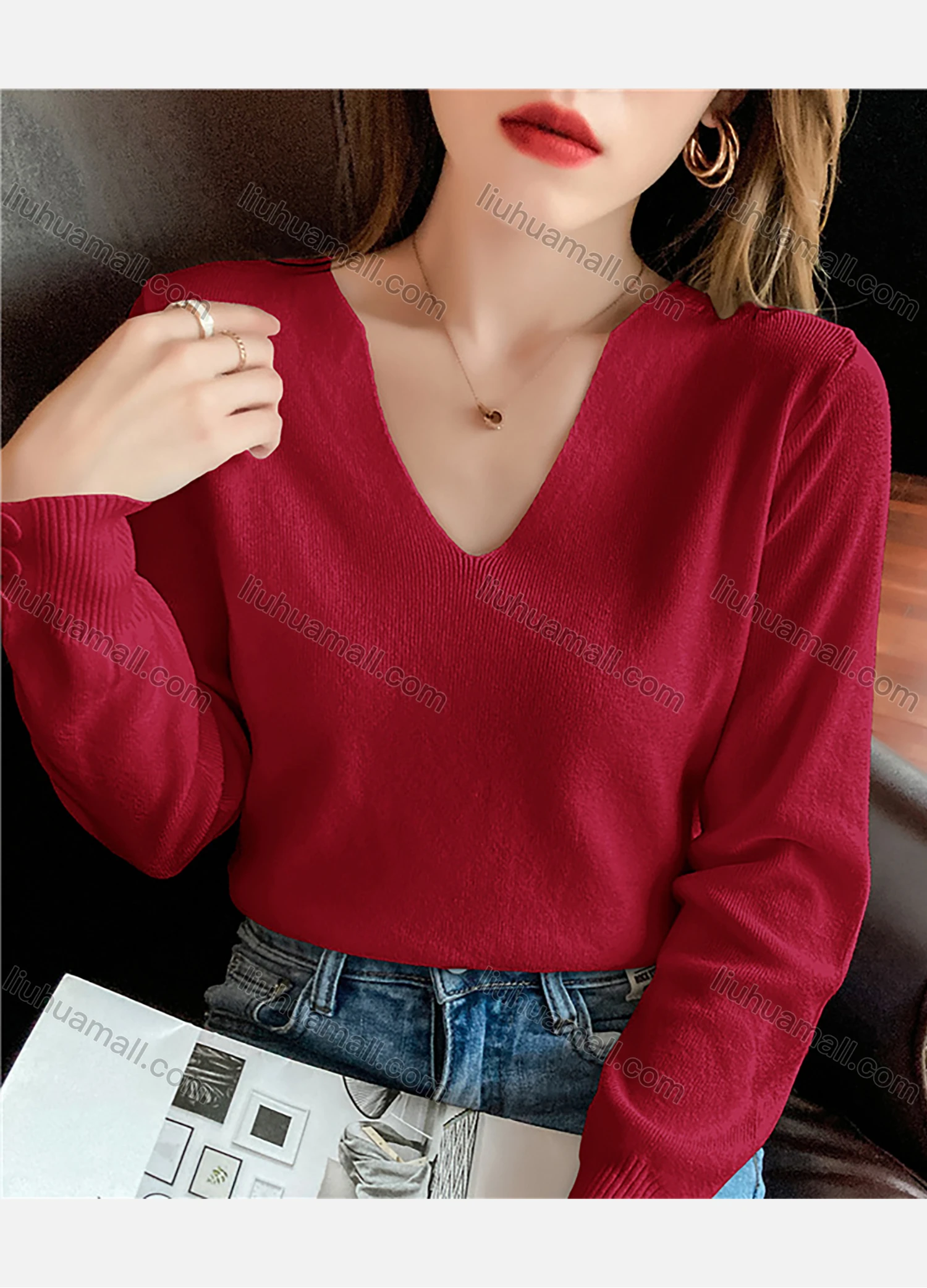 Wholesale Women's Casual Plain V Neck Long Sleeve Sweater Tops 8010# - Liuhuamall