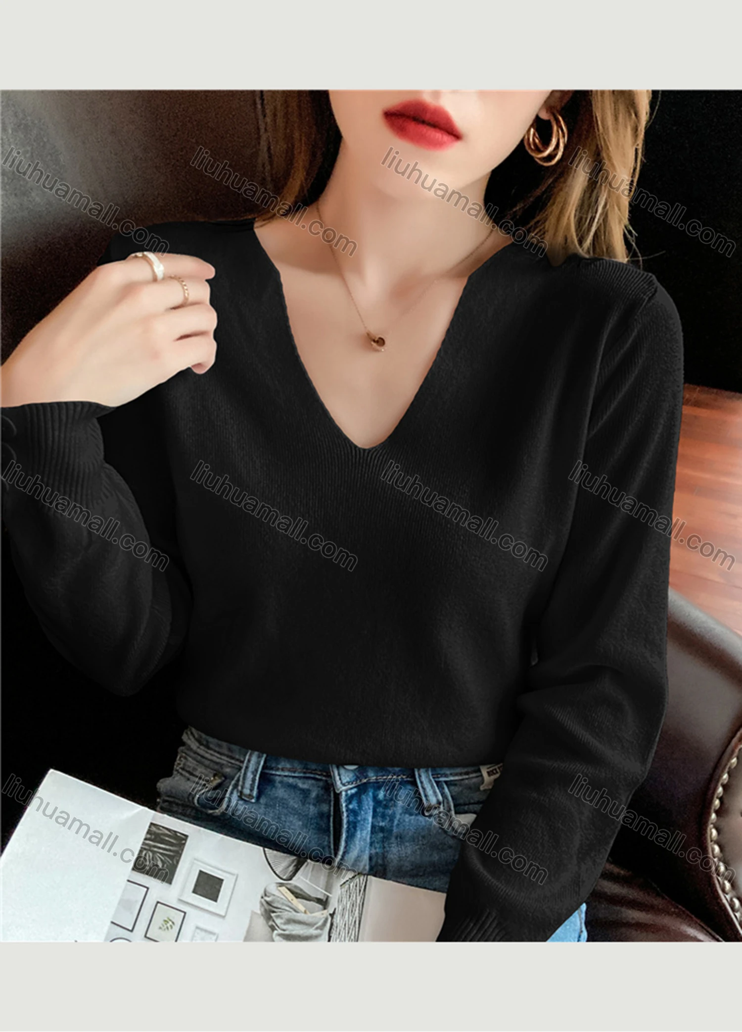 Wholesale Women's Casual Plain V Neck Long Sleeve Sweater Tops 8010# - Liuhuamall