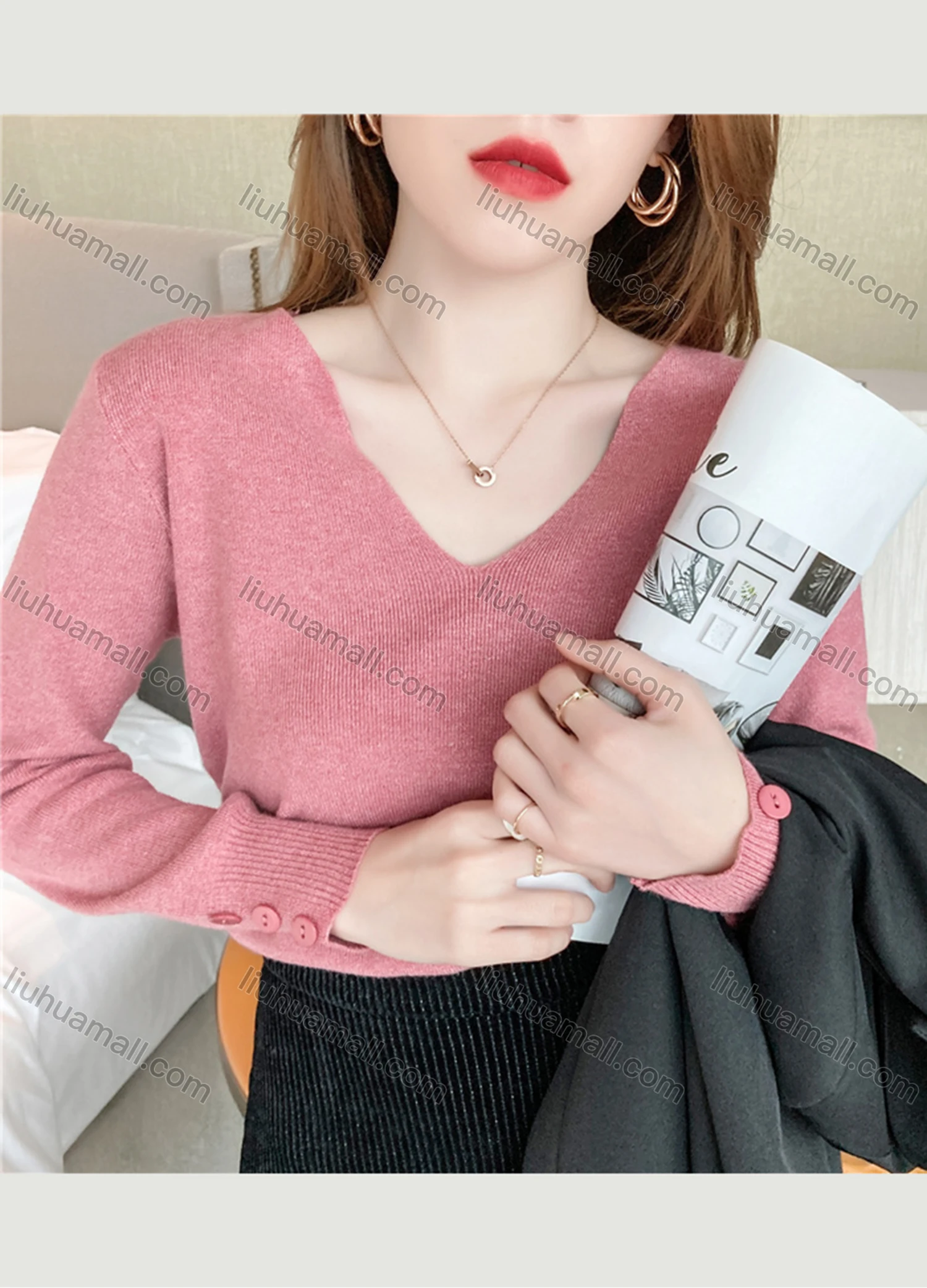 Wholesale Women's Casual Plain V Neck Long Sleeve Sweater Tops 8010# - Liuhuamall