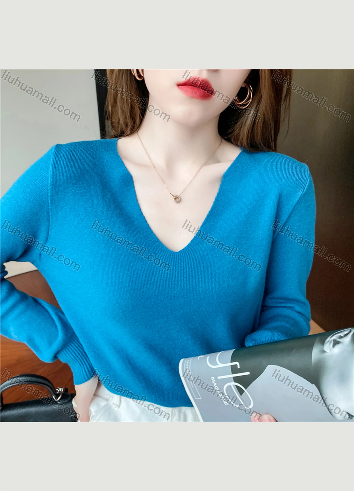 Wholesale Women's Casual Plain V Neck Long Sleeve Sweater Tops 8010# - Liuhuamall