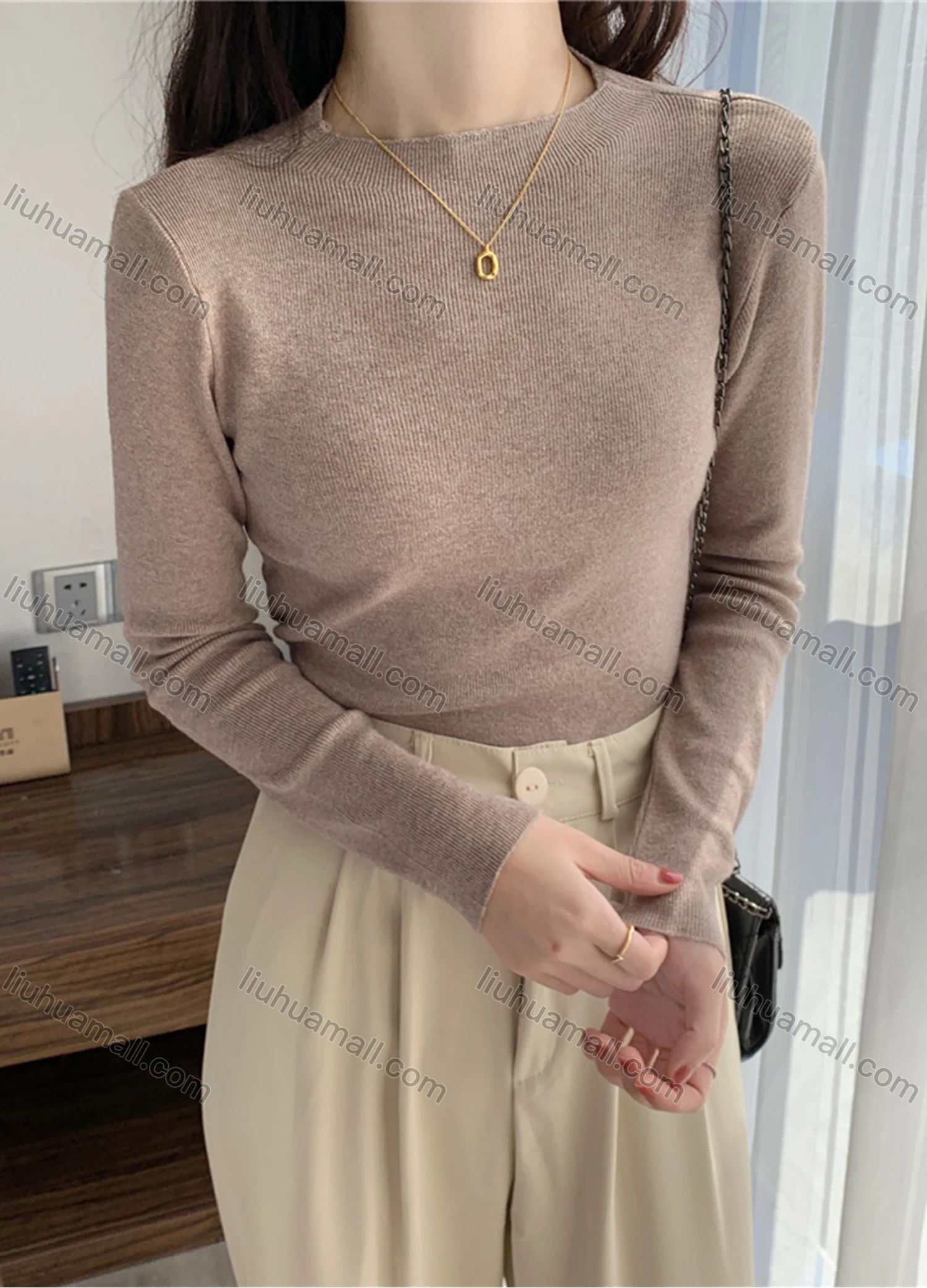 Wholesale Women's Casual Plain Round Neck Long Sleeve Ribbed Knit Sweater Tops 8011# - Liuhuamall