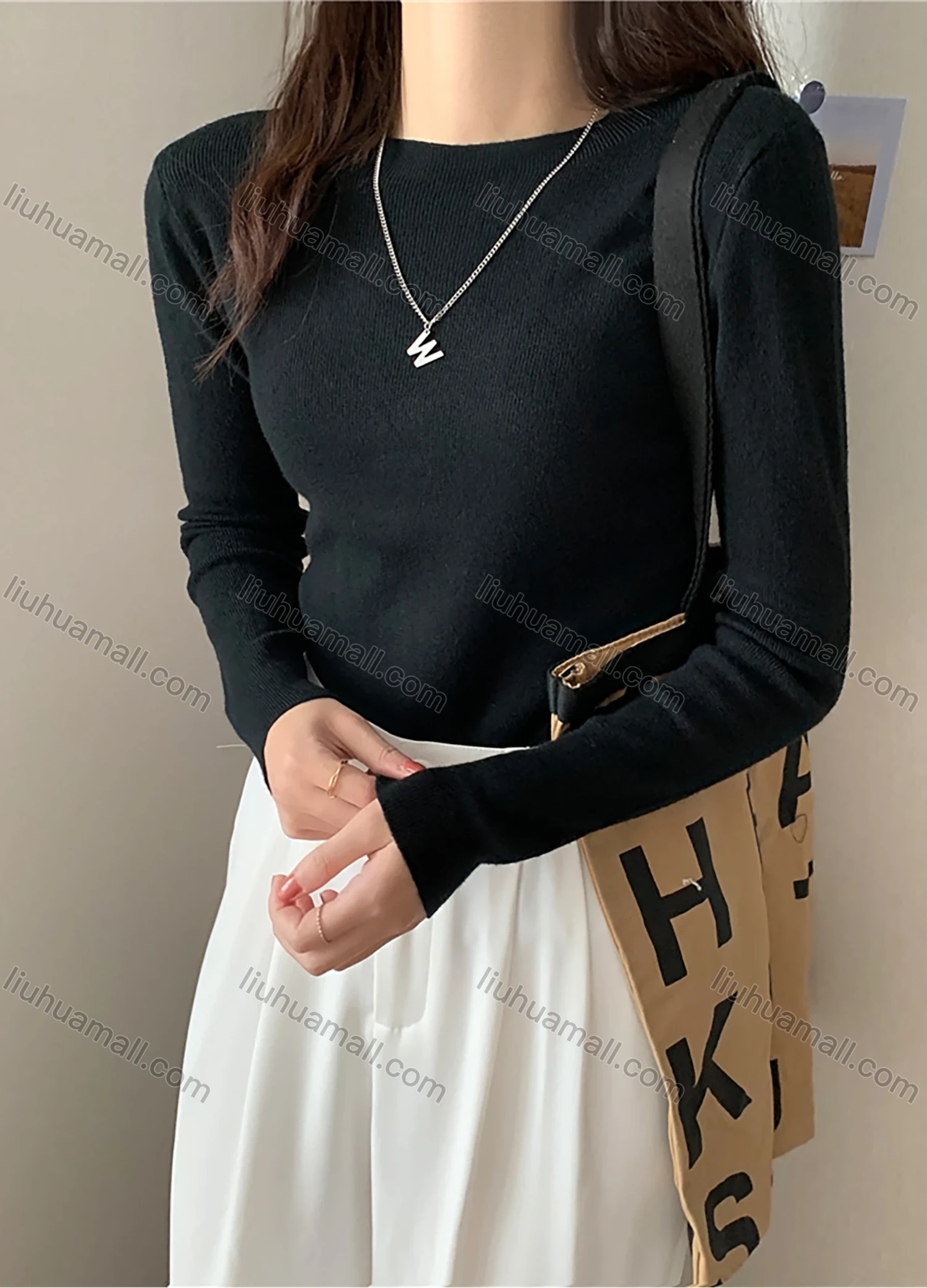 Wholesale Women's Casual Plain Round Neck Long Sleeve Ribbed Knit Sweater Tops 8011# - Liuhuamall