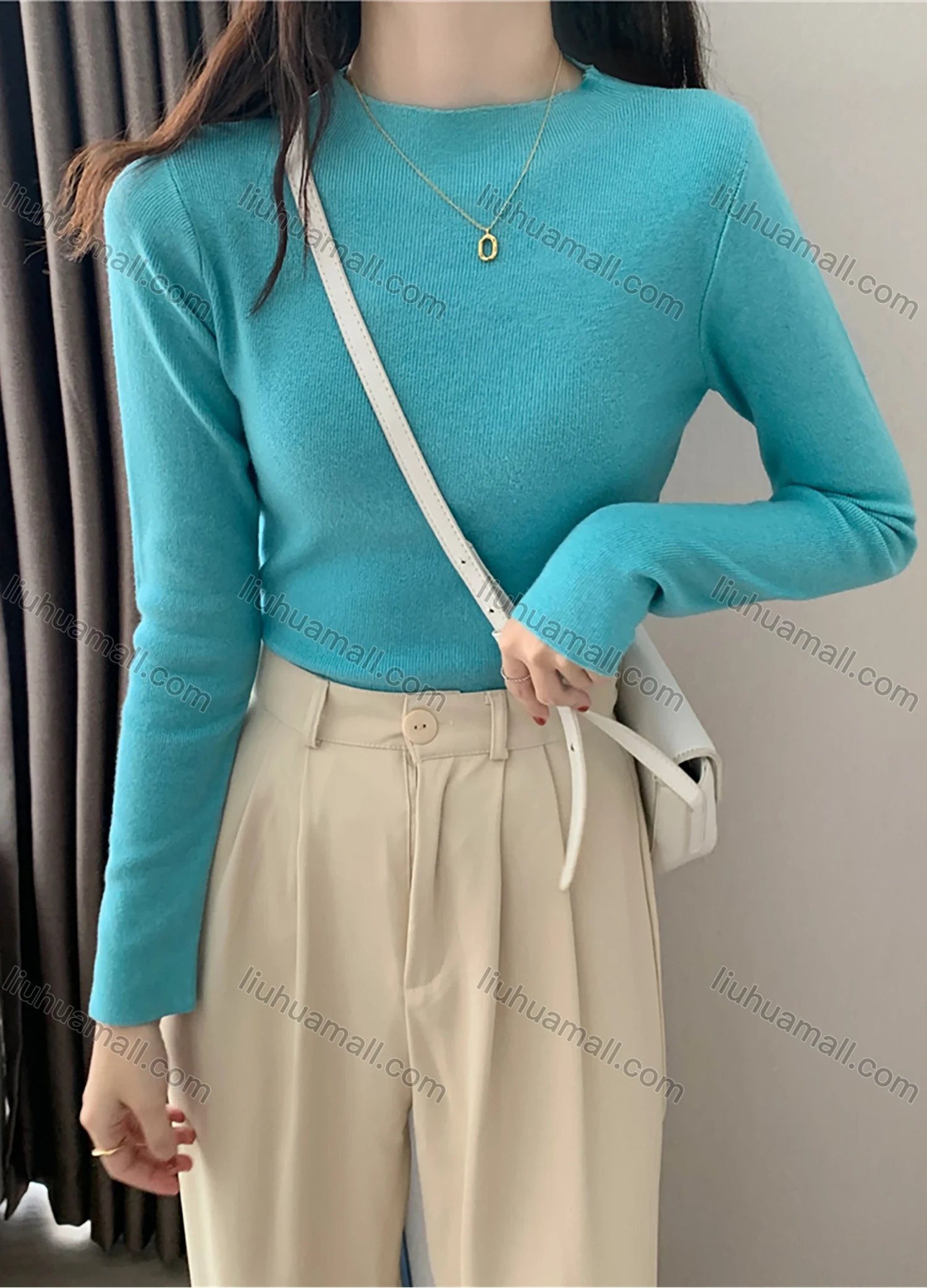 Wholesale Women's Casual Plain Round Neck Long Sleeve Ribbed Knit Sweater Tops 8011# - Liuhuamall