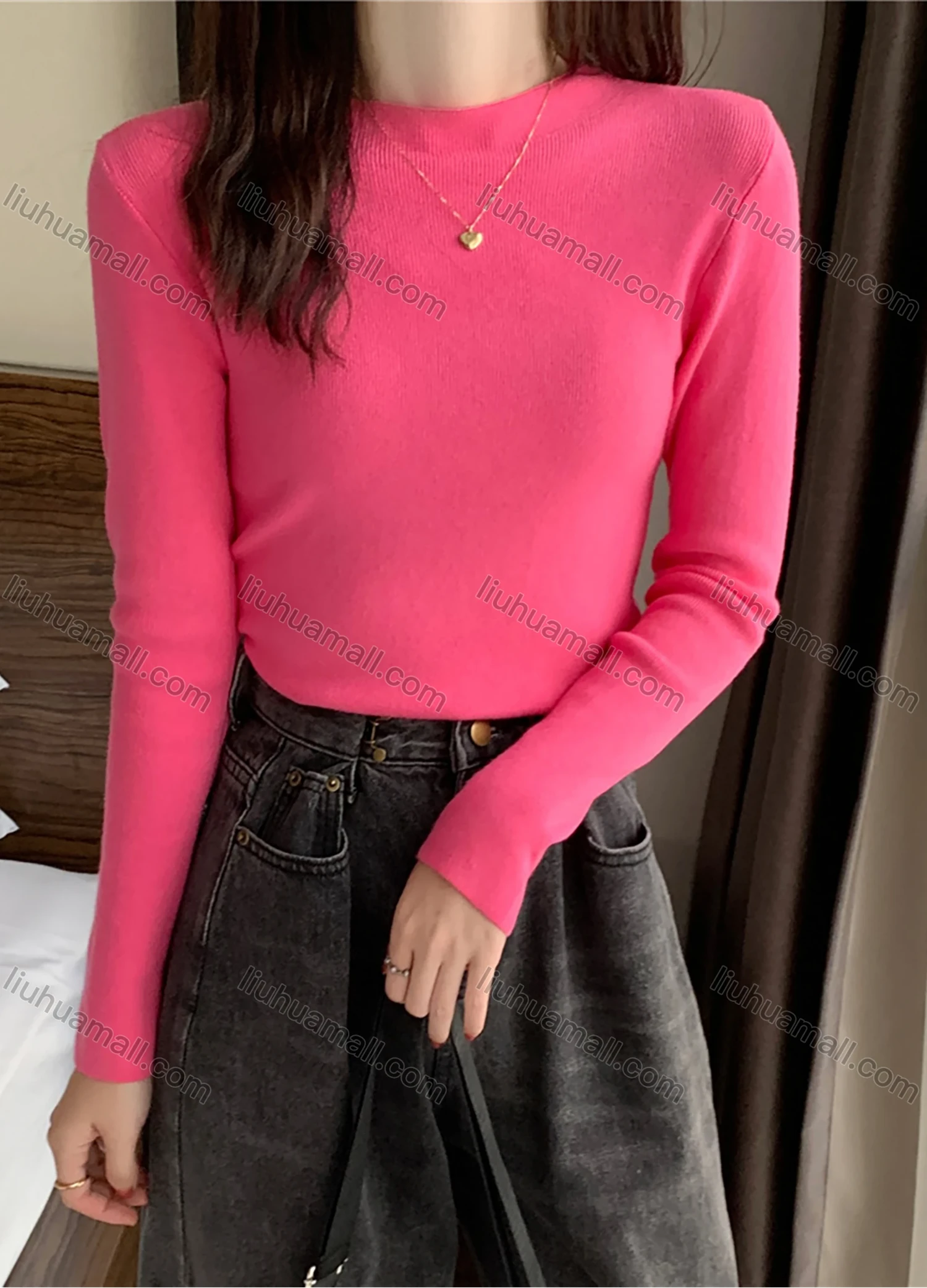 Wholesale Women's Casual Plain Round Neck Long Sleeve Ribbed Knit Sweater Tops 8011# - Liuhuamall