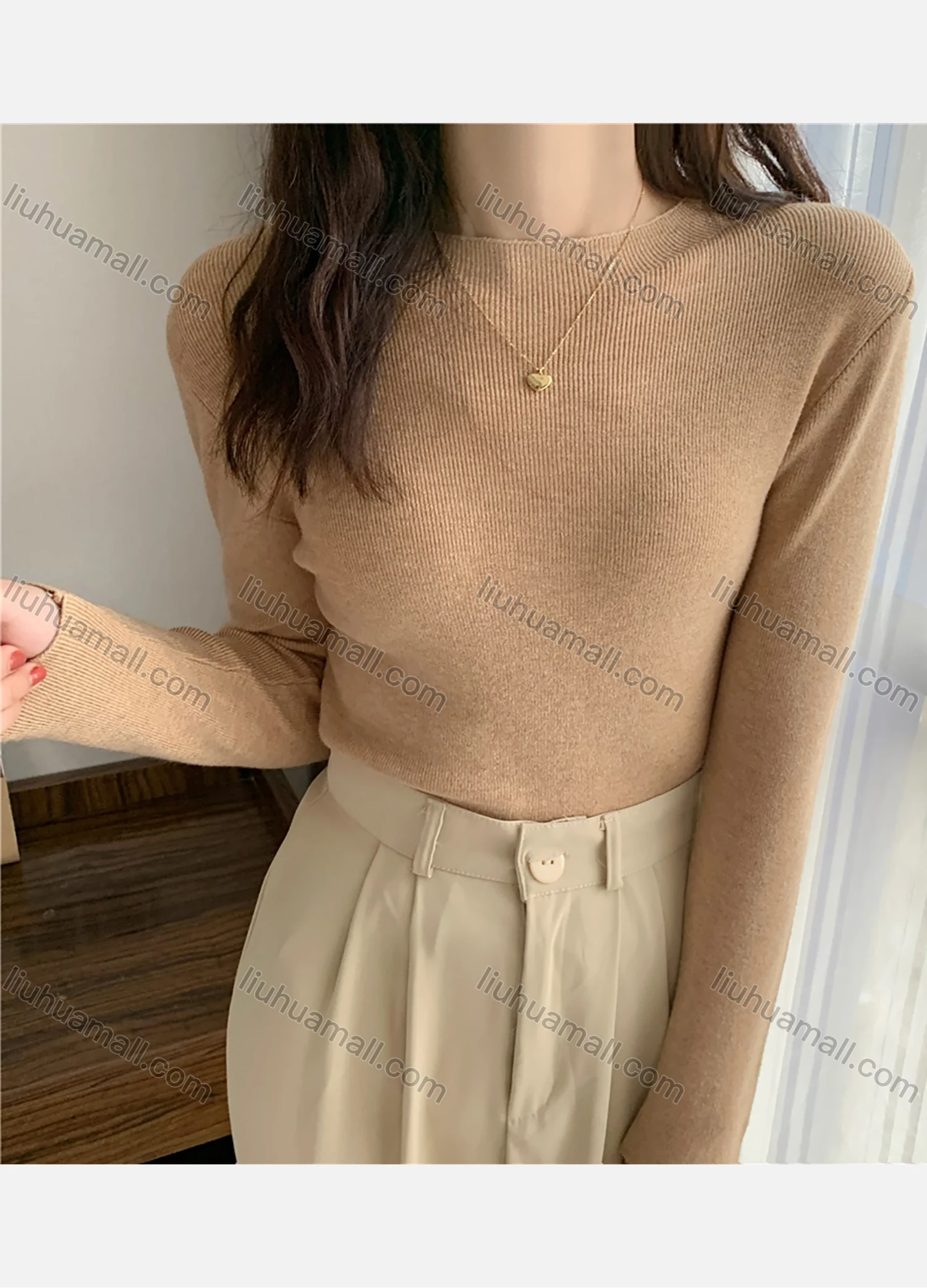 Wholesale Women's Casual Plain Round Neck Long Sleeve Ribbed Knit Sweater Tops 8011# - Liuhuamall