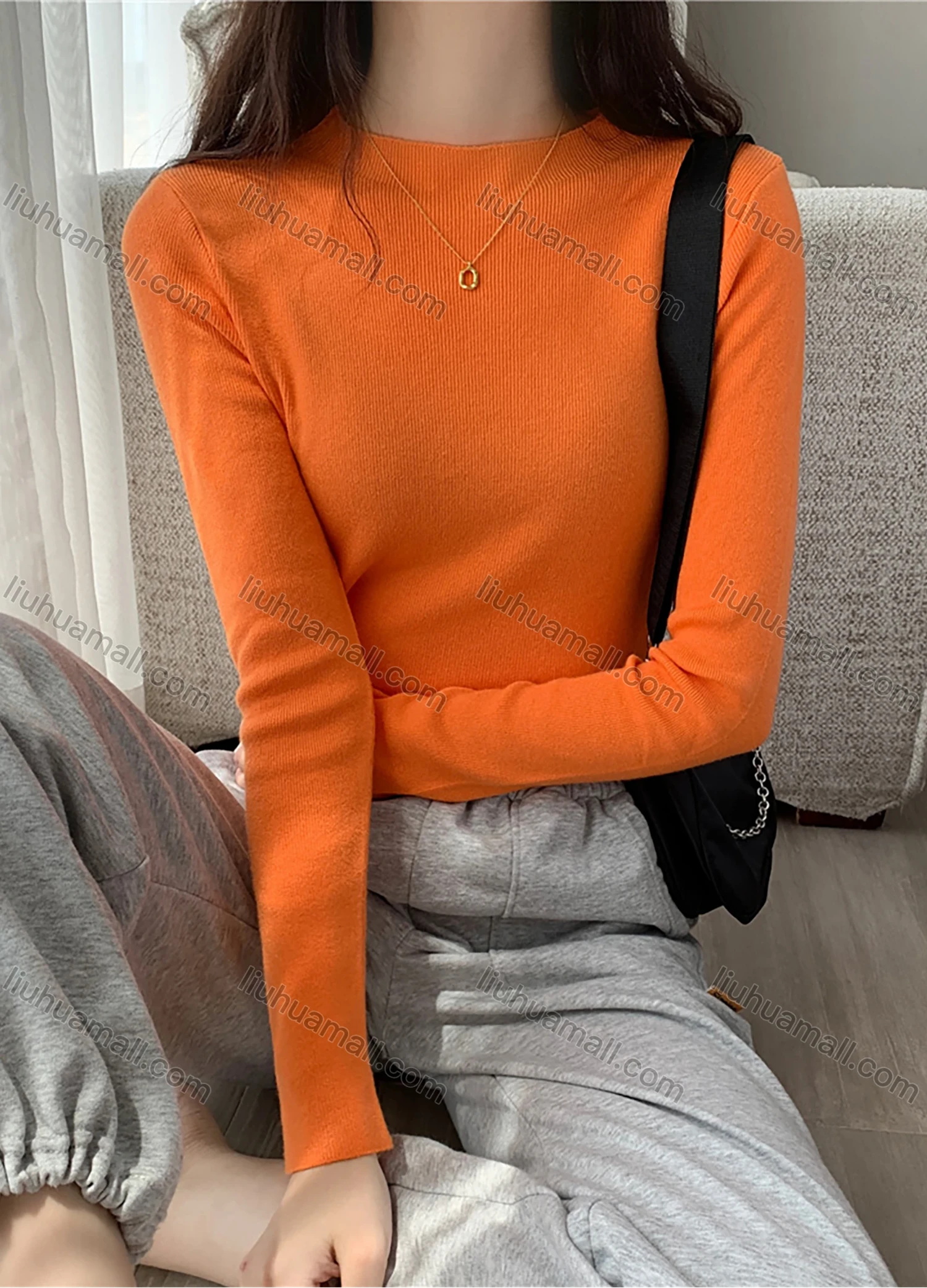 Wholesale Women's Casual Plain Round Neck Long Sleeve Ribbed Knit Sweater Tops 8011# - Liuhuamall