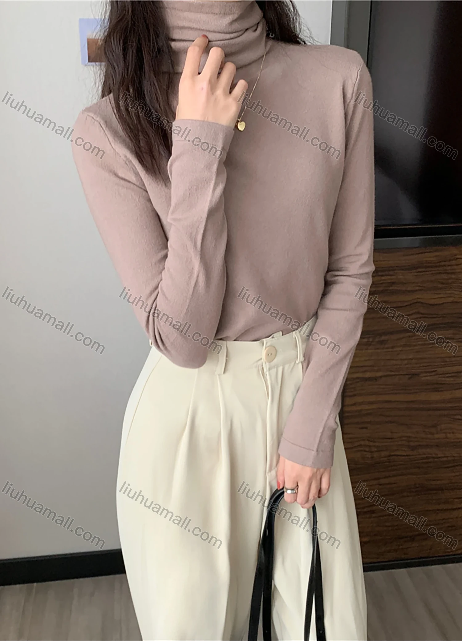 Wholesale Women's Casual Plain High Cowl Neck Long Sleeve Sweater Tops 8012# - Liuhuamall