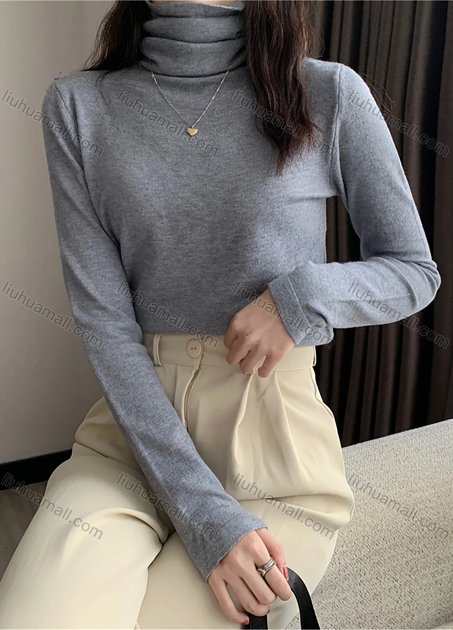 Wholesale Women's Casual Plain High Cowl Neck Long Sleeve Sweater Tops 8012# - Liuhuamall