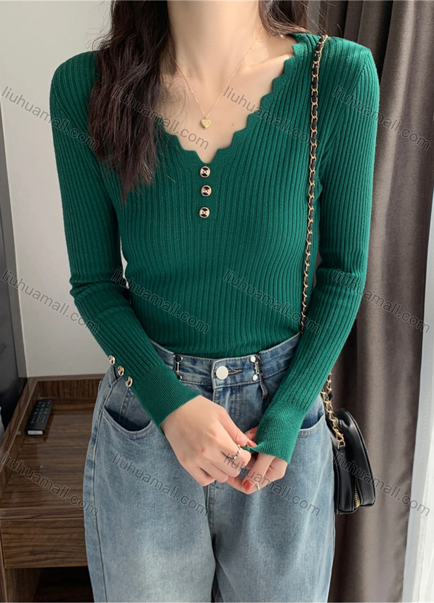 Wholesale Women's Casual Plain Wave Trim V Neck Button Decor Long Sleeve Ribbed Knit Sweater Tops 8014# - Liuhuamall