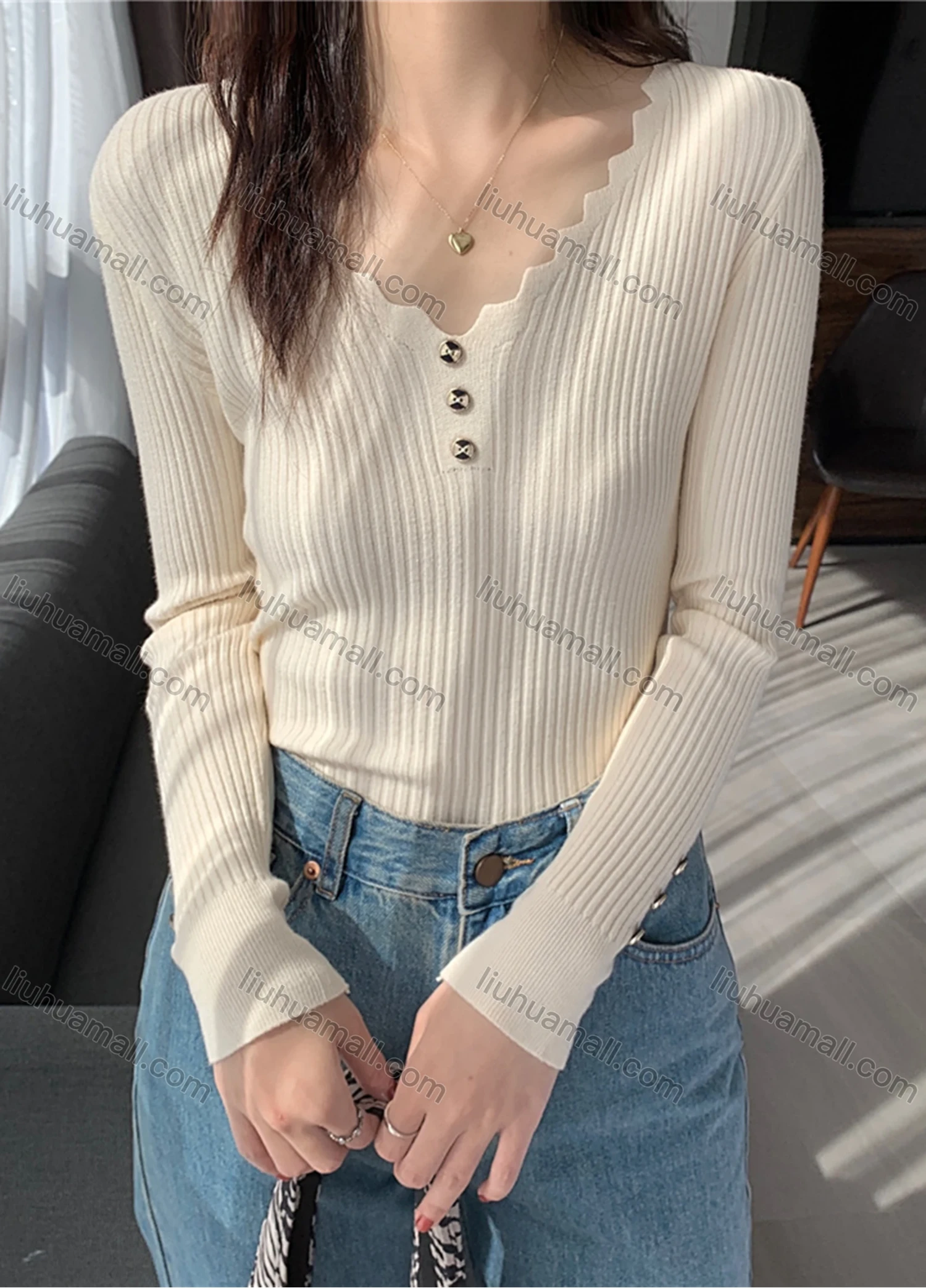 Wholesale Women's Casual Plain Wave Trim V Neck Button Decor Long Sleeve Ribbed Knit Sweater Tops 8014# - Liuhuamall
