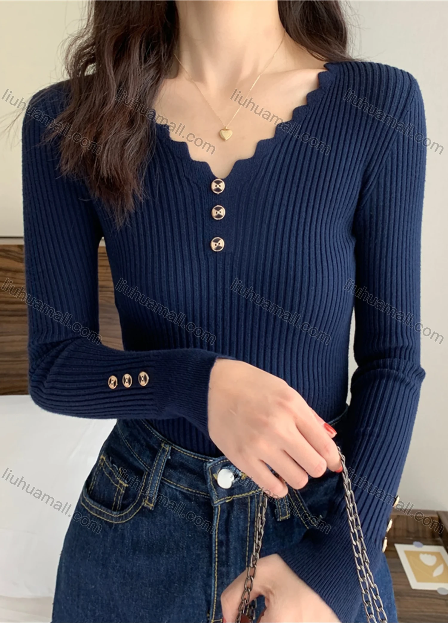 Wholesale Women's Casual Plain Wave Trim V Neck Button Decor Long Sleeve Ribbed Knit Sweater Tops 8014# - Liuhuamall