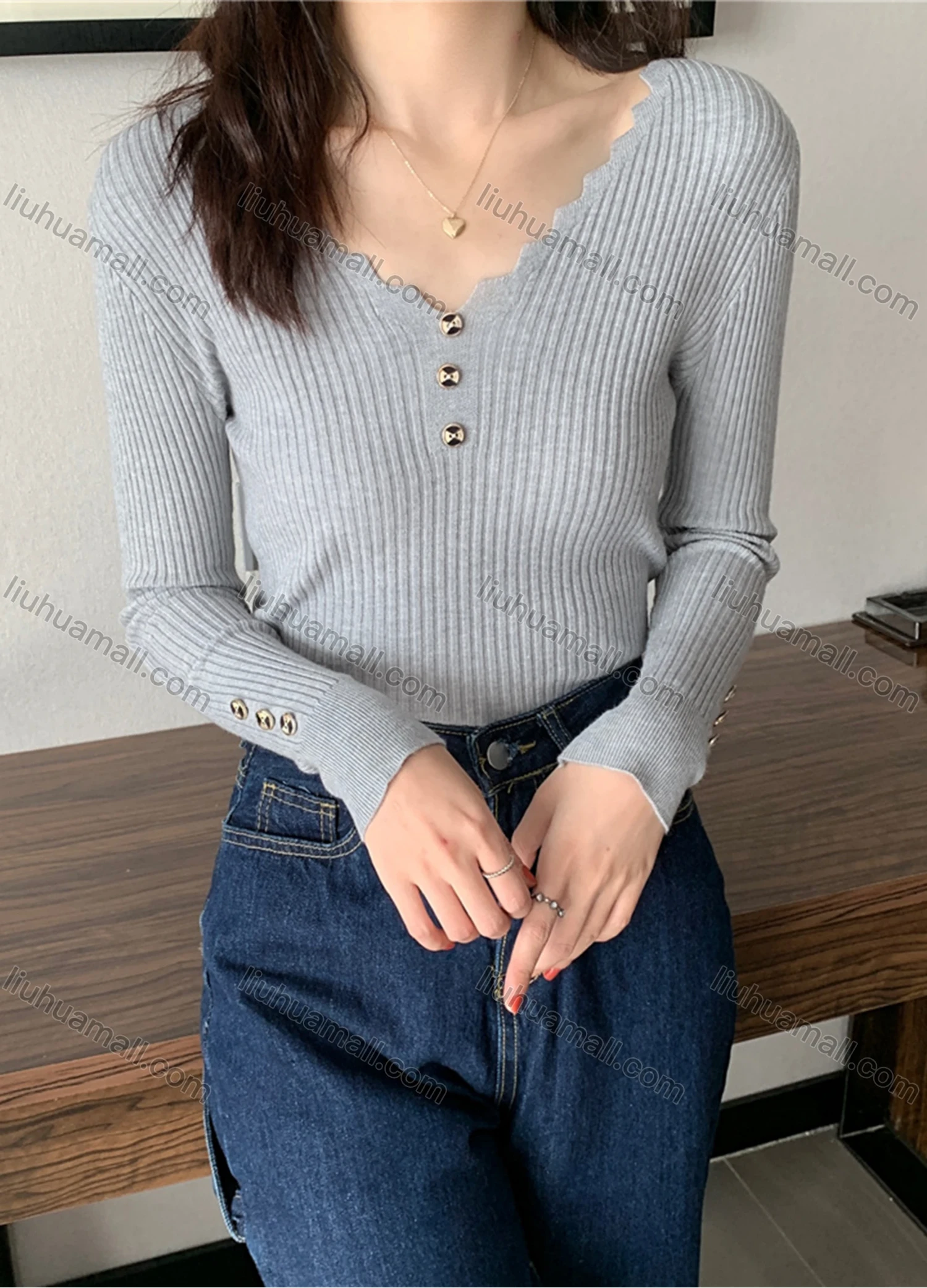 Wholesale Women's Casual Plain Wave Trim V Neck Button Decor Long Sleeve Ribbed Knit Sweater Tops 8014# - Liuhuamall