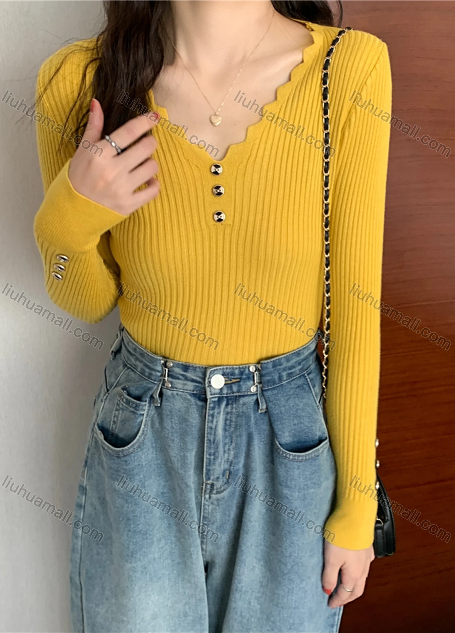 Wholesale Women's Casual Plain Wave Trim V Neck Button Decor Long Sleeve Ribbed Knit Sweater Tops 8014# - Liuhuamall