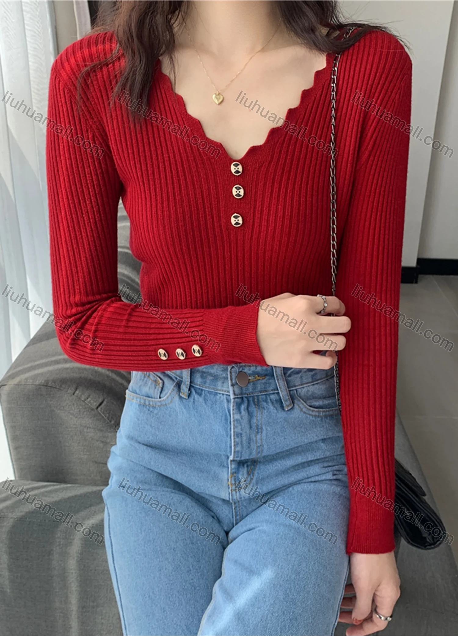 Wholesale Women's Casual Plain Wave Trim V Neck Button Decor Long Sleeve Ribbed Knit Sweater Tops 8014# - Liuhuamall