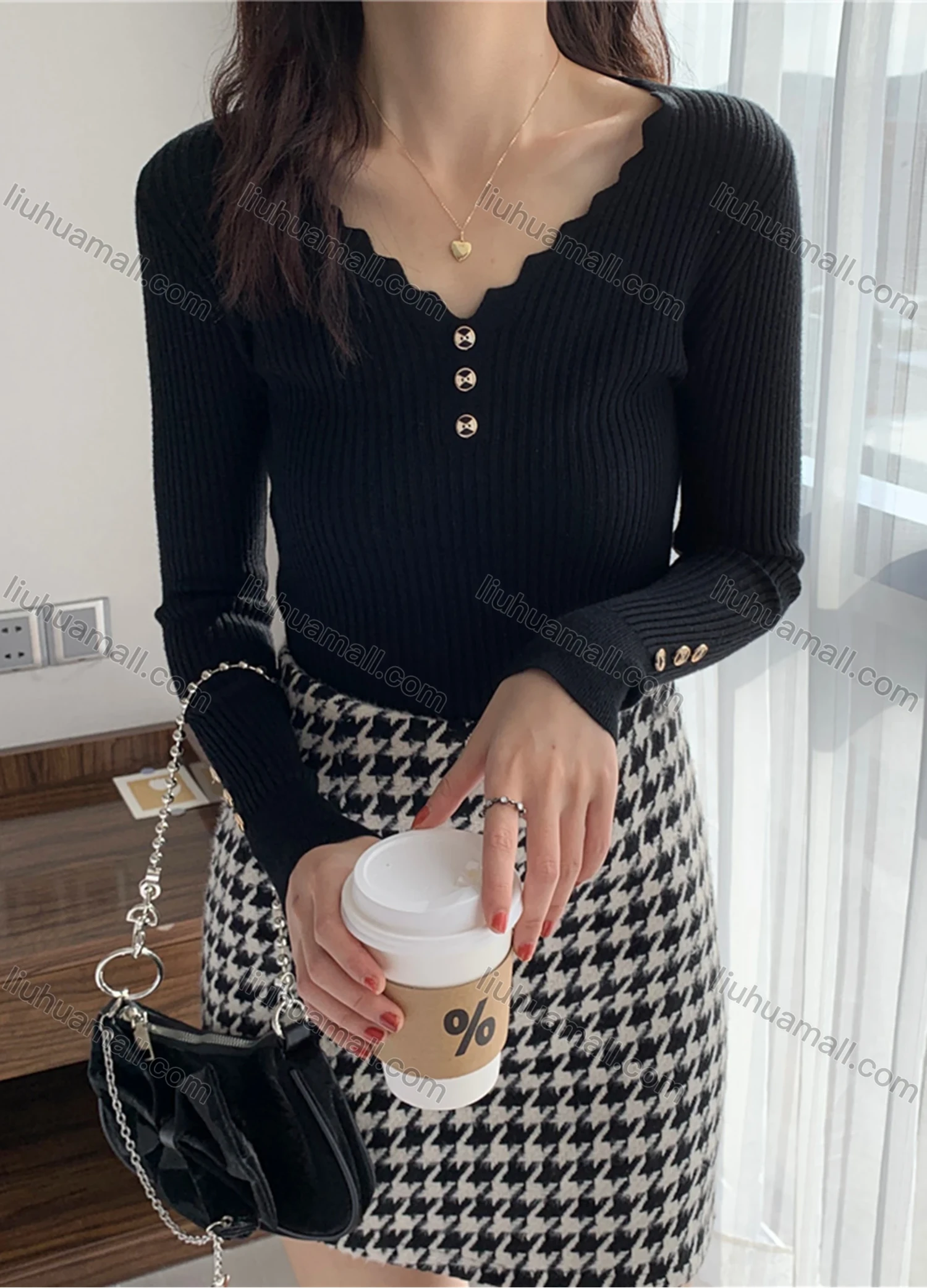 Wholesale Women's Casual Plain Wave Trim V Neck Button Decor Long Sleeve Ribbed Knit Sweater Tops 8014# - Liuhuamall